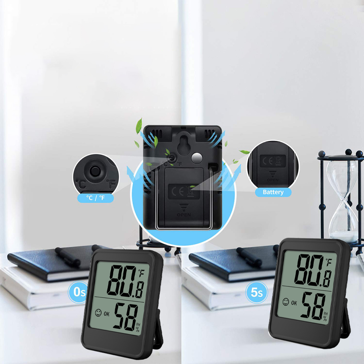 Zwei schwarze digitale Thermometer. Anzeigen zeigen Temperatur und Luftfeuchtigkeit. Rückansicht mit Batterien.