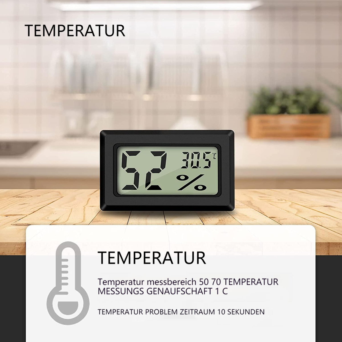 Ein schwarzes digitales Thermometer mit 52 % und 30,5 °C, darunter Text mit Temperaturdetails.