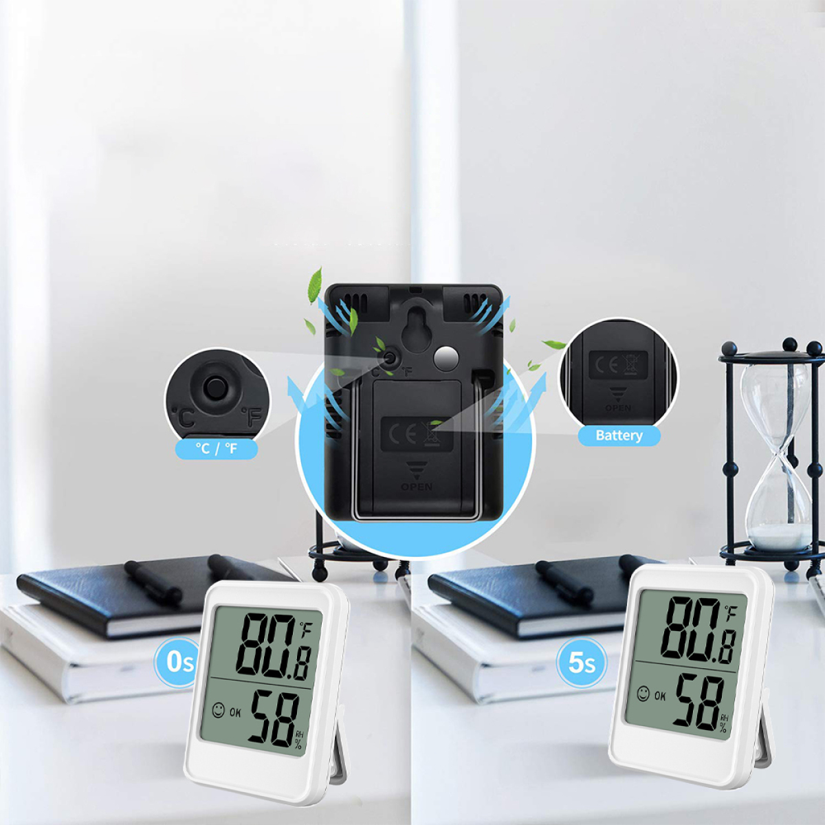 Ein digitales Thermometer mit zwei Anzeigen. Die Rückseite des Geräts ist mit dem Batteriefach abgebildet.