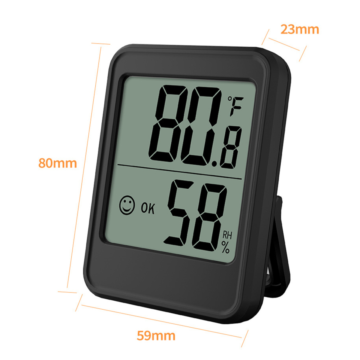 Schwarzes digitales Thermometer, das 80,8 °F und 58 % Luftfeuchtigkeit anzeigt.