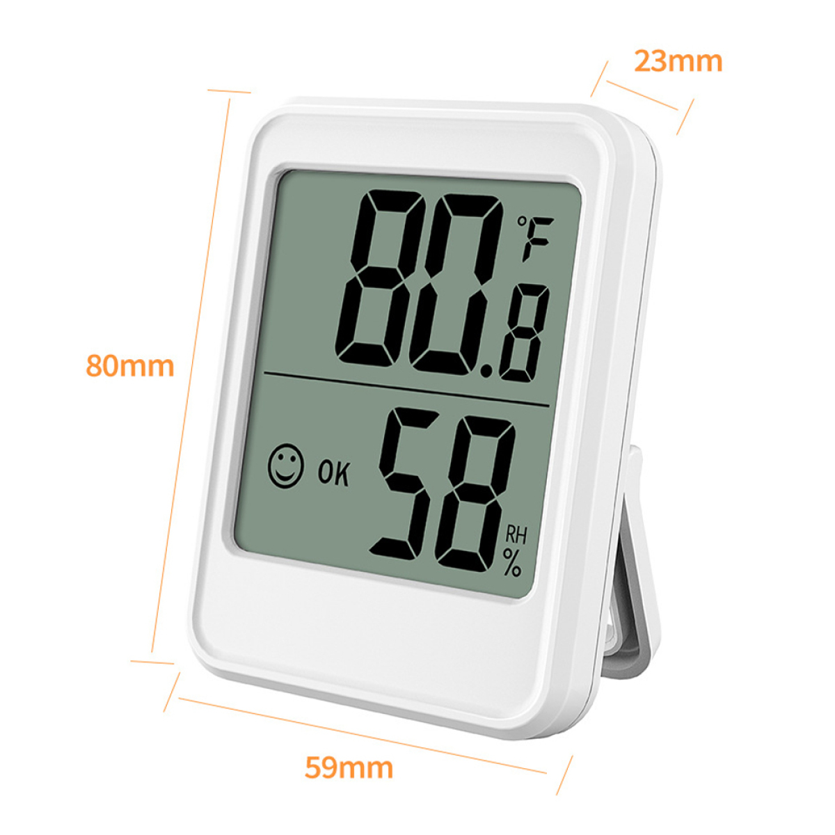 Digitales Thermometer mit 80,8F und 58 % Luftfeuchtigkeit. Es ist weiß und hat ein OK-Symbol.