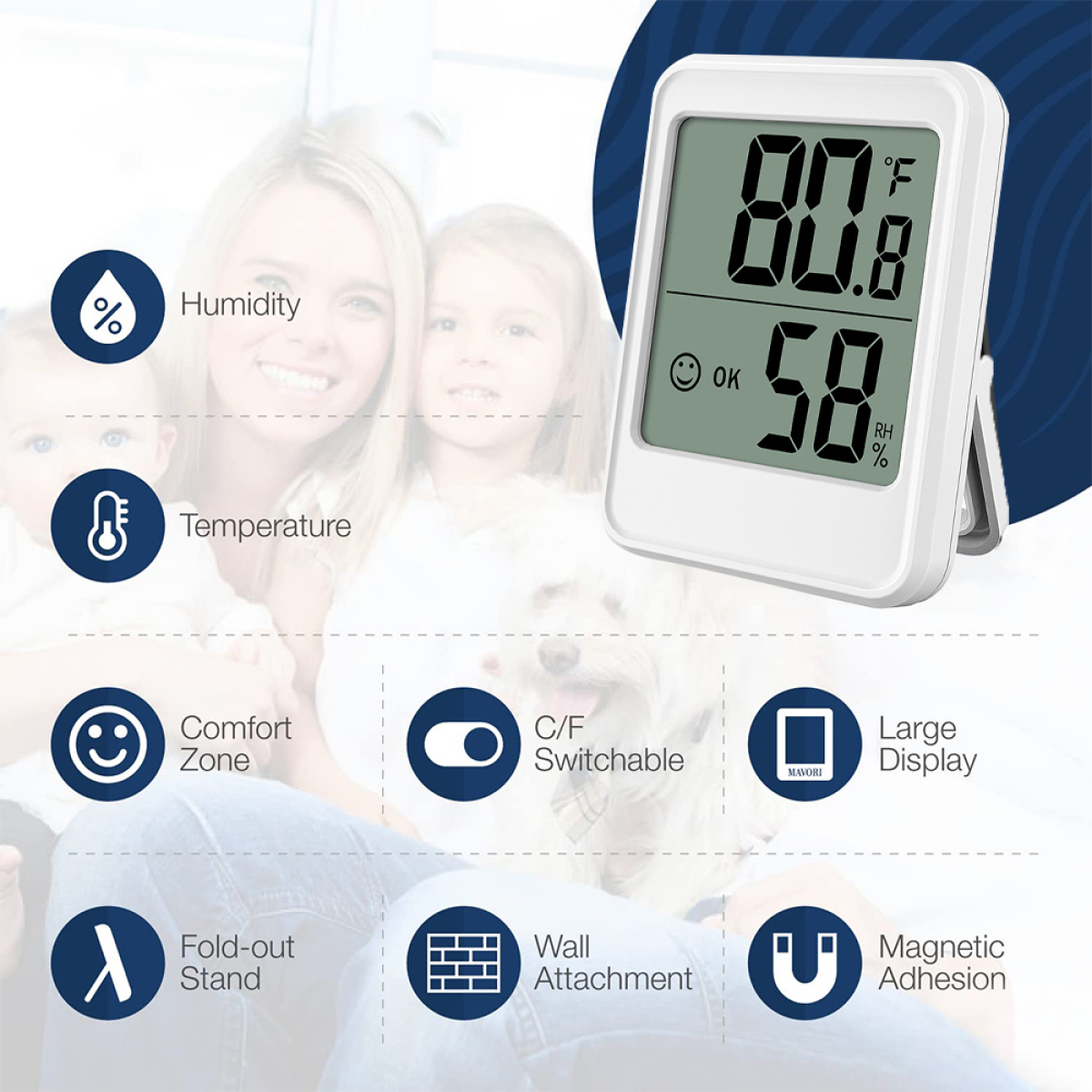 Digitales Thermometer mit 80,8°F und 58% RH, mit Symbolen für Luftfeuchtigkeit, Temperatur und Komfort.