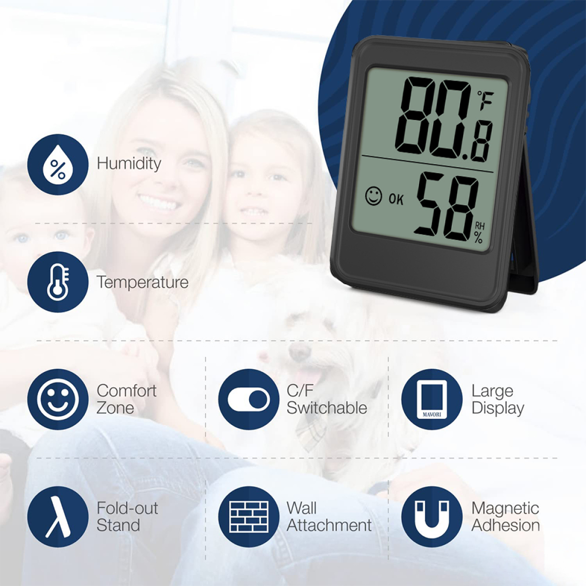 Ein digitales Thermometer mit Familie und Hund im Hintergrund.