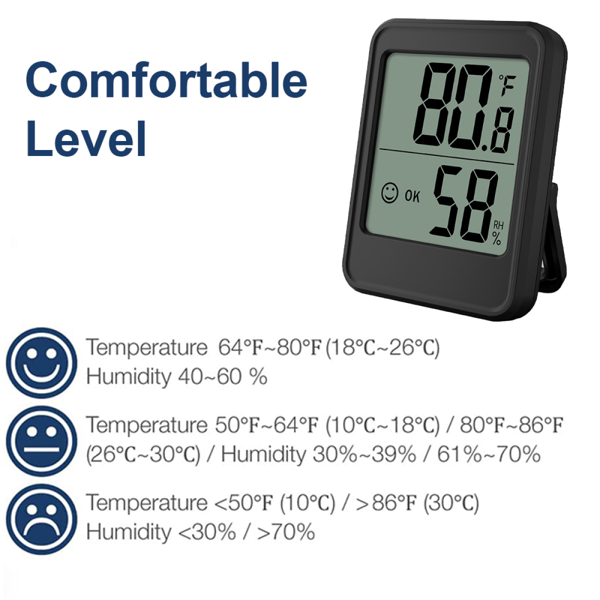 Digitales Thermometer mit Temperatur- und Feuchtigkeitsanzeige und Komfortindikatoren.