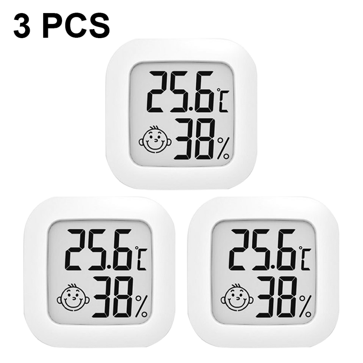Drei weiße digitale Thermometer mit Anzeige von Temperatur und Luftfeuchtigkeit.