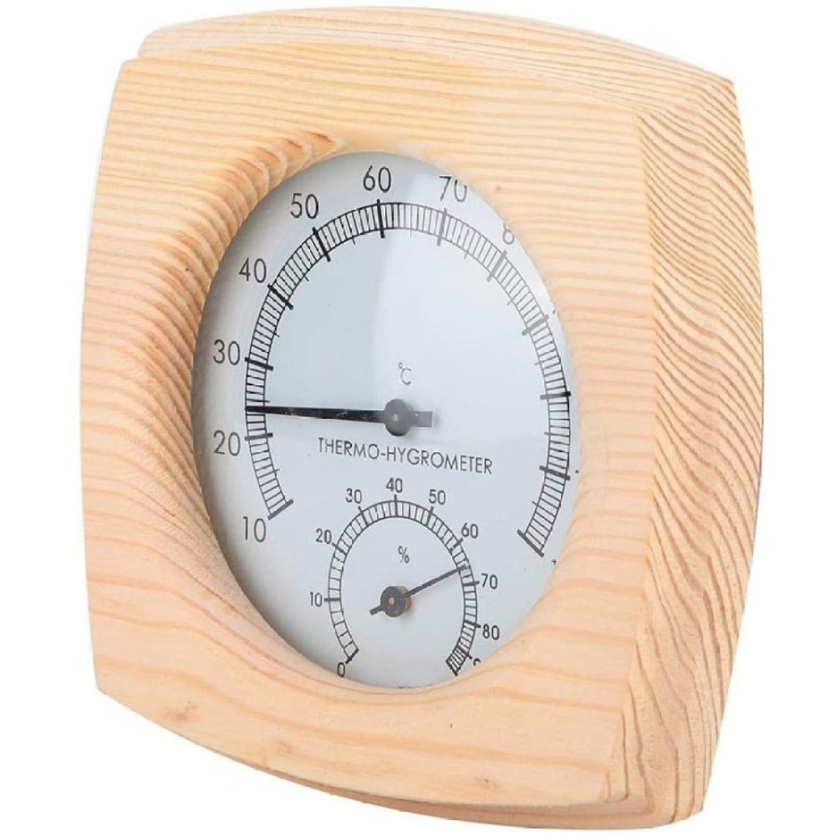 Thermo-Hygrometer mit Holzrahmen. Zeigt Temperatur- und Feuchtigkeitswerte an.