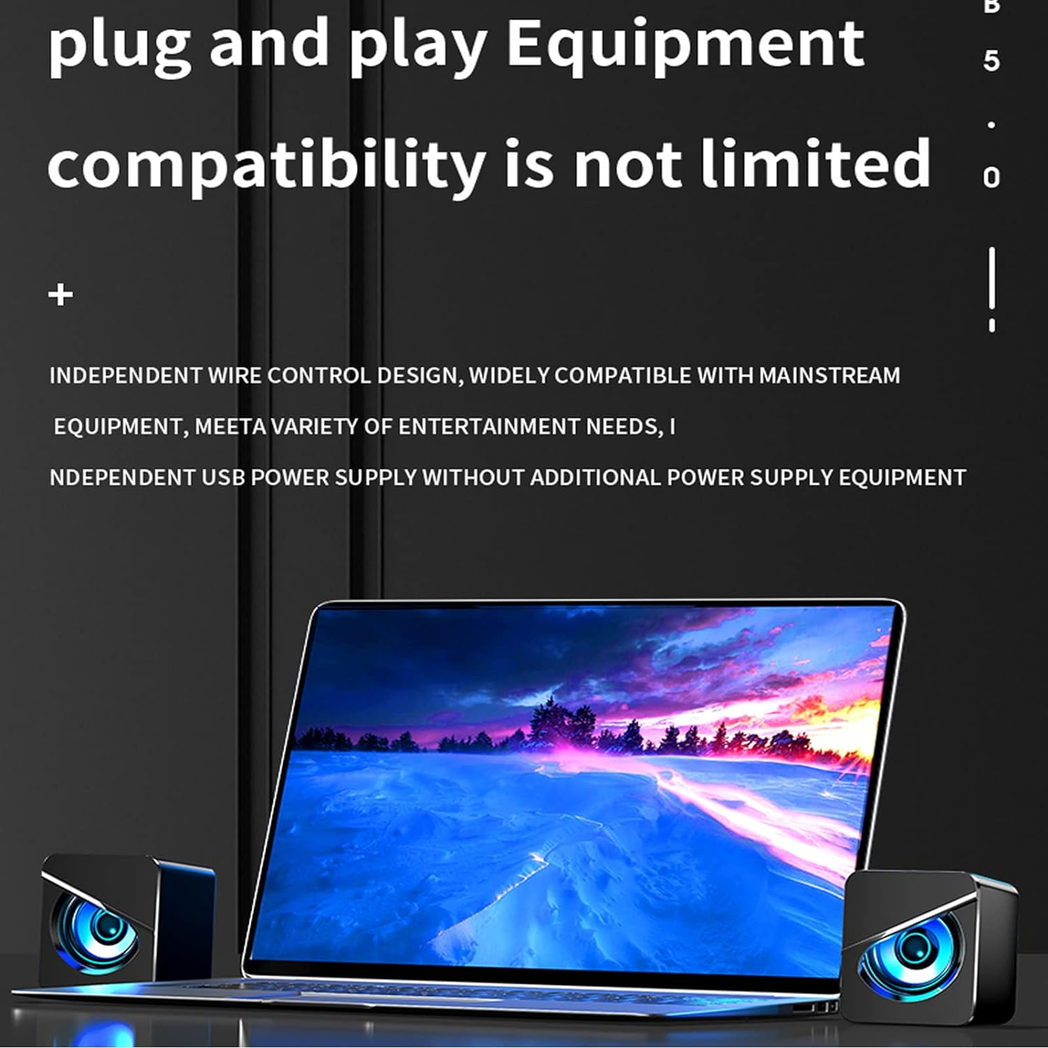 Ein Laptop mit Lautsprechern. Text besagt: 'Plug and Play'. Kompatibilität ist nicht beschränkt.