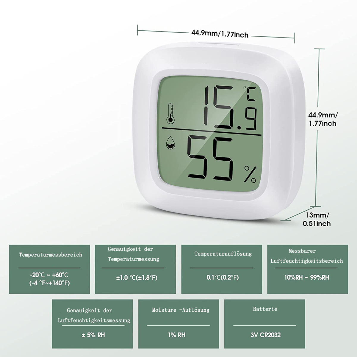 Weißes digitales Thermometer mit Temperatur- und Feuchtigkeitsanzeige, Infoboxen.