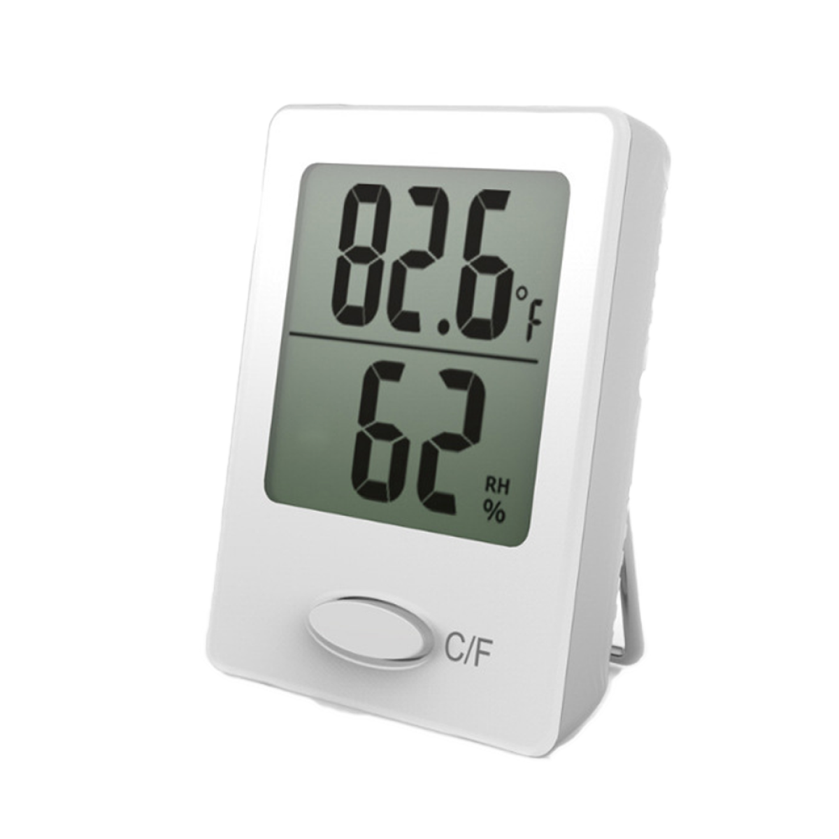 Weißes digitales Thermometer mit 82,6°F und 62% rel. Luftfeuchtigkeit. Mit Ständer und Knöpfen. Weißer Hintergrund.
