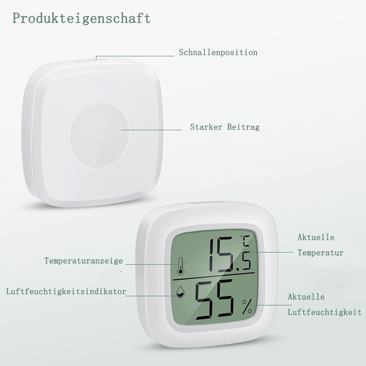 Weißes Gerät, das Temperatur und Luftfeuchtigkeit anzeigt. Etiketten zeigen Temperatur und Luftfeuchtigkeit an.