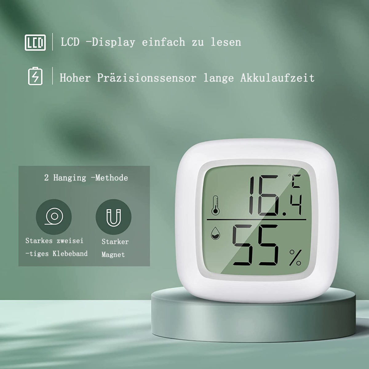 Weißes digitales Thermometer mit grünem Display zeigt 16,4 Grad und 55 % Luftfeuchtigkeit. Text im Hintergrund.