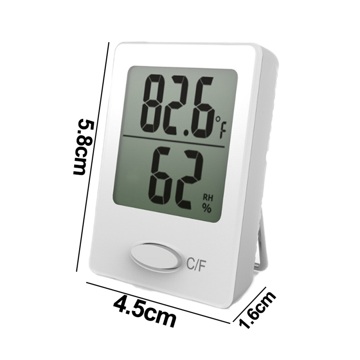 Weißes digitales Thermometer zeigt 82,6F und 62% RH an. Abmessungen in cm angegeben.