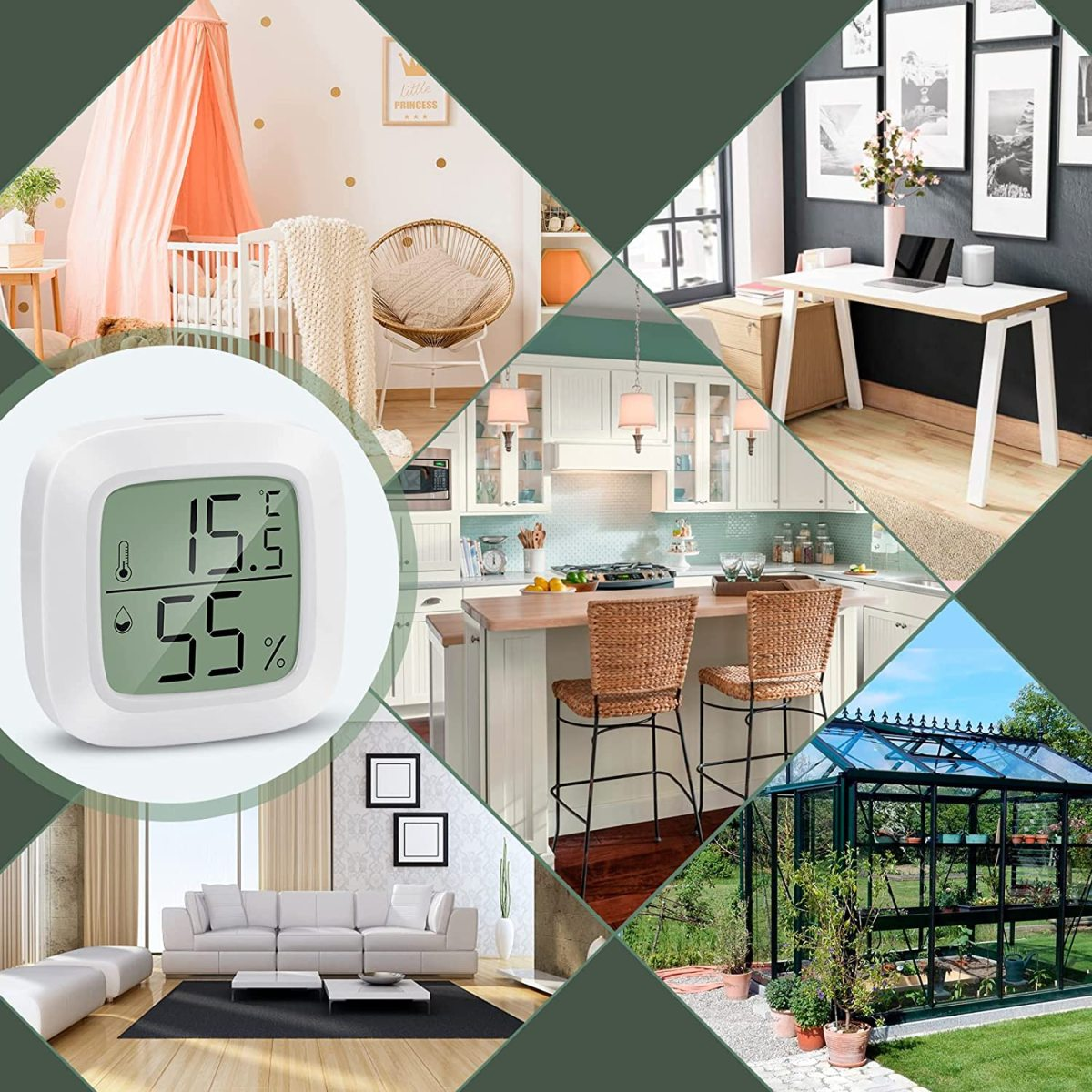 Ein Raum mit einem digitalen Thermometer, das Temperatur und Luftfeuchtigkeit anzeigt, mit verschiedenen Hintergründen.