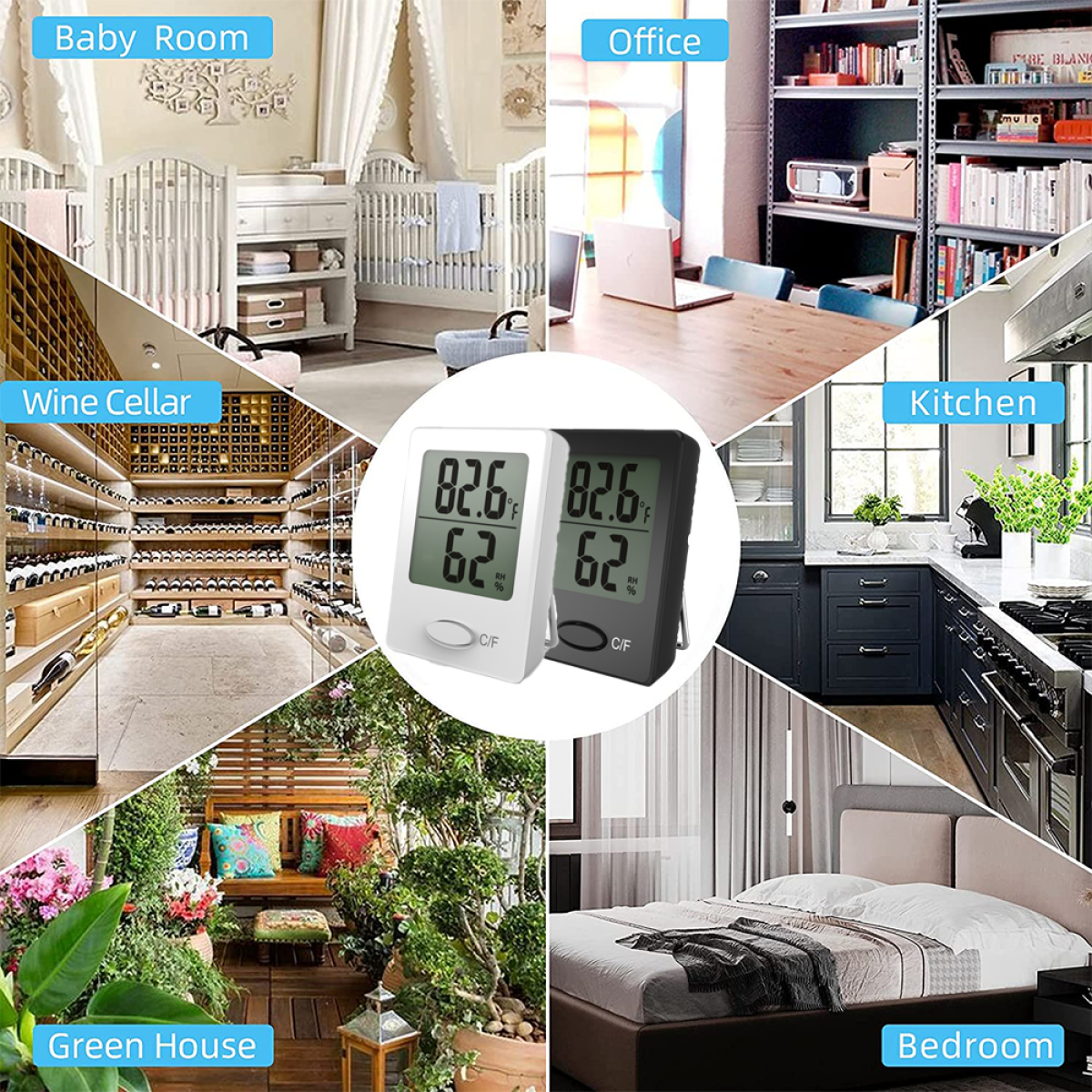 Eine Montage von Räumen: Babyzimmer, Büro, Weinkeller, Küche, Gewächshaus und Schlafzimmer mit Thermometern.
