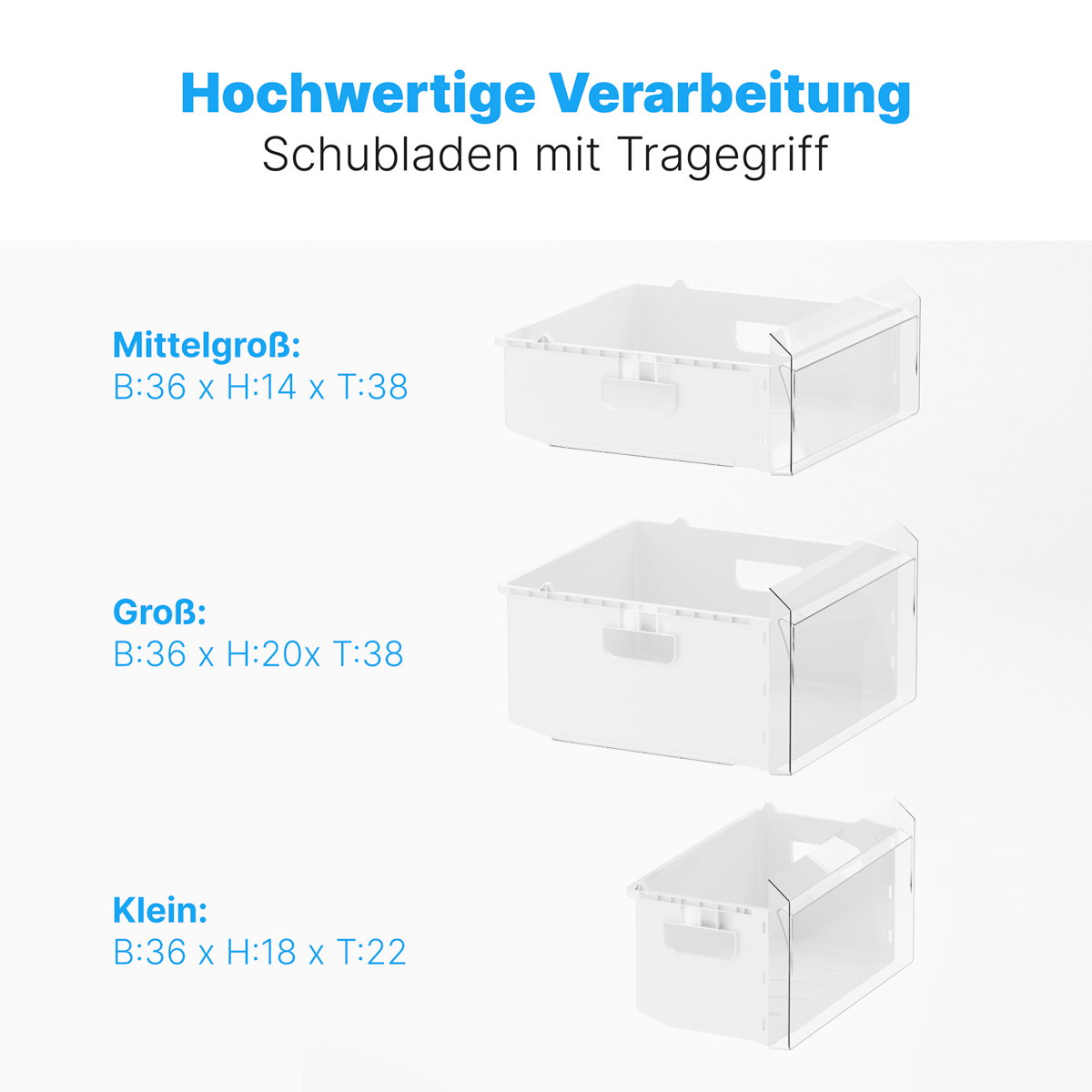 Weiße Gefrierschubladen in drei Größen mit deutschem Text über Maße und Qualität.