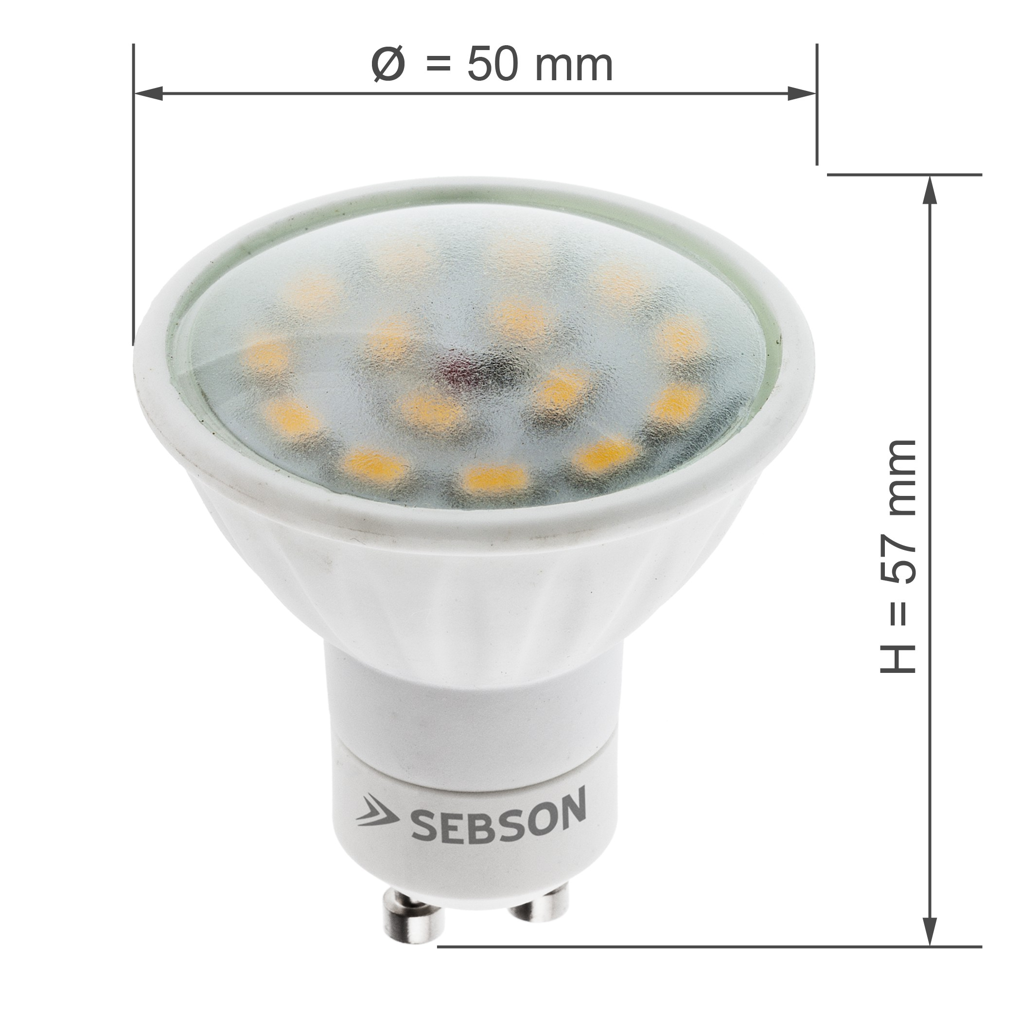 Weiße LED-Glühbirne mit Glasoberteil und Abmessungen auf weißem Hintergrund.