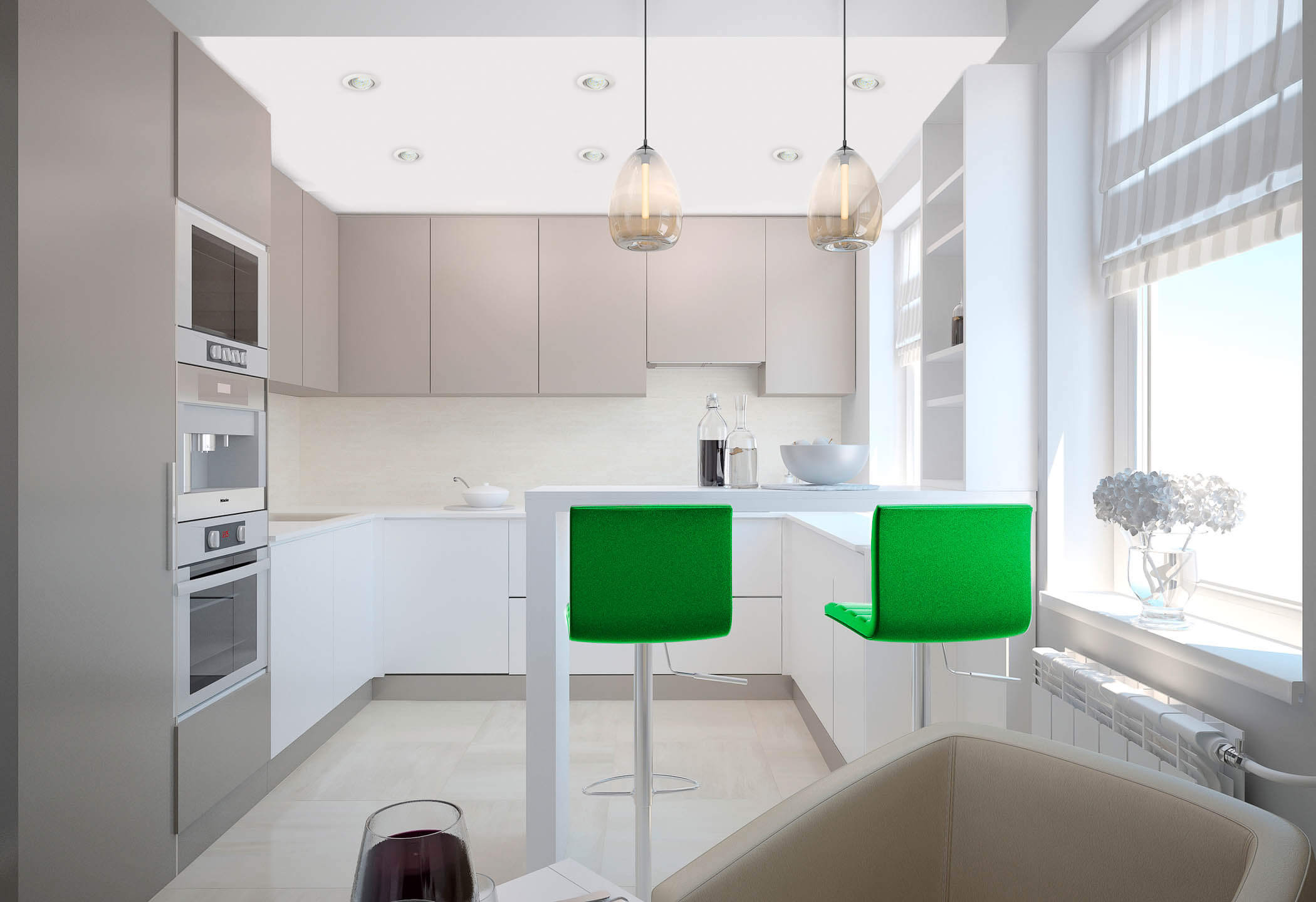 Modernes Kücheninterieur mit weißen und grauen Schränken, grünen Barhockern und Hängelampen.
