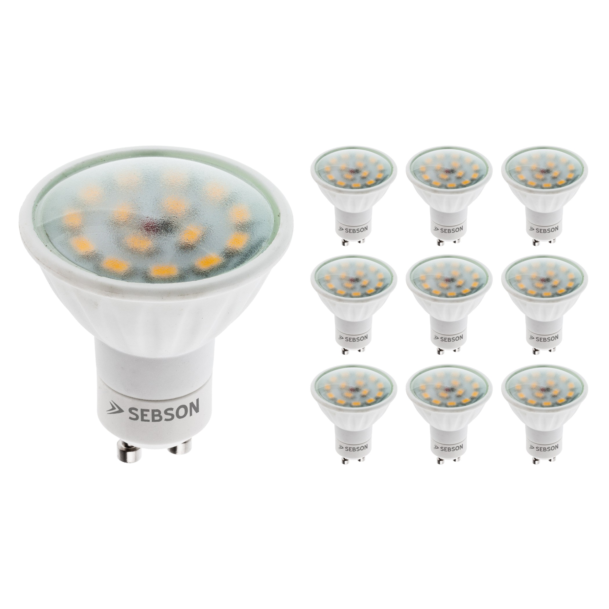 Neun LED-Lampen, weiß mit klarer, strukturierter Linse. Eine Lampe im Fokus.