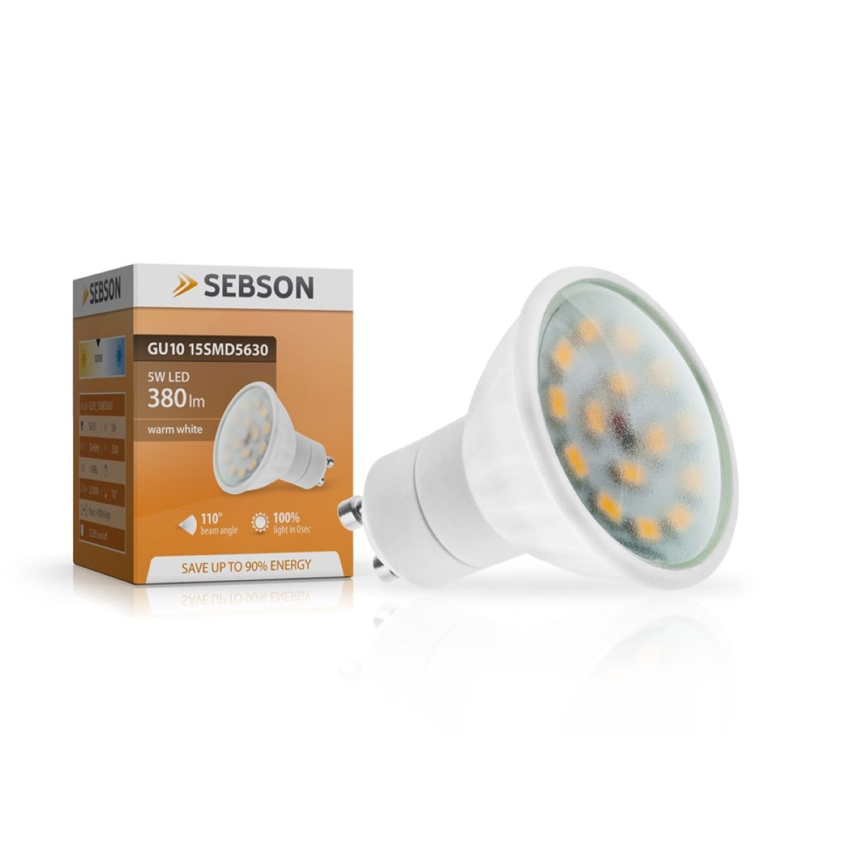 GU10 5W LED warmweiße Glühbirne neben einer Box. Auf der Box steht 'SPAREN SIE BIS ZU 90% ENERGIE'.