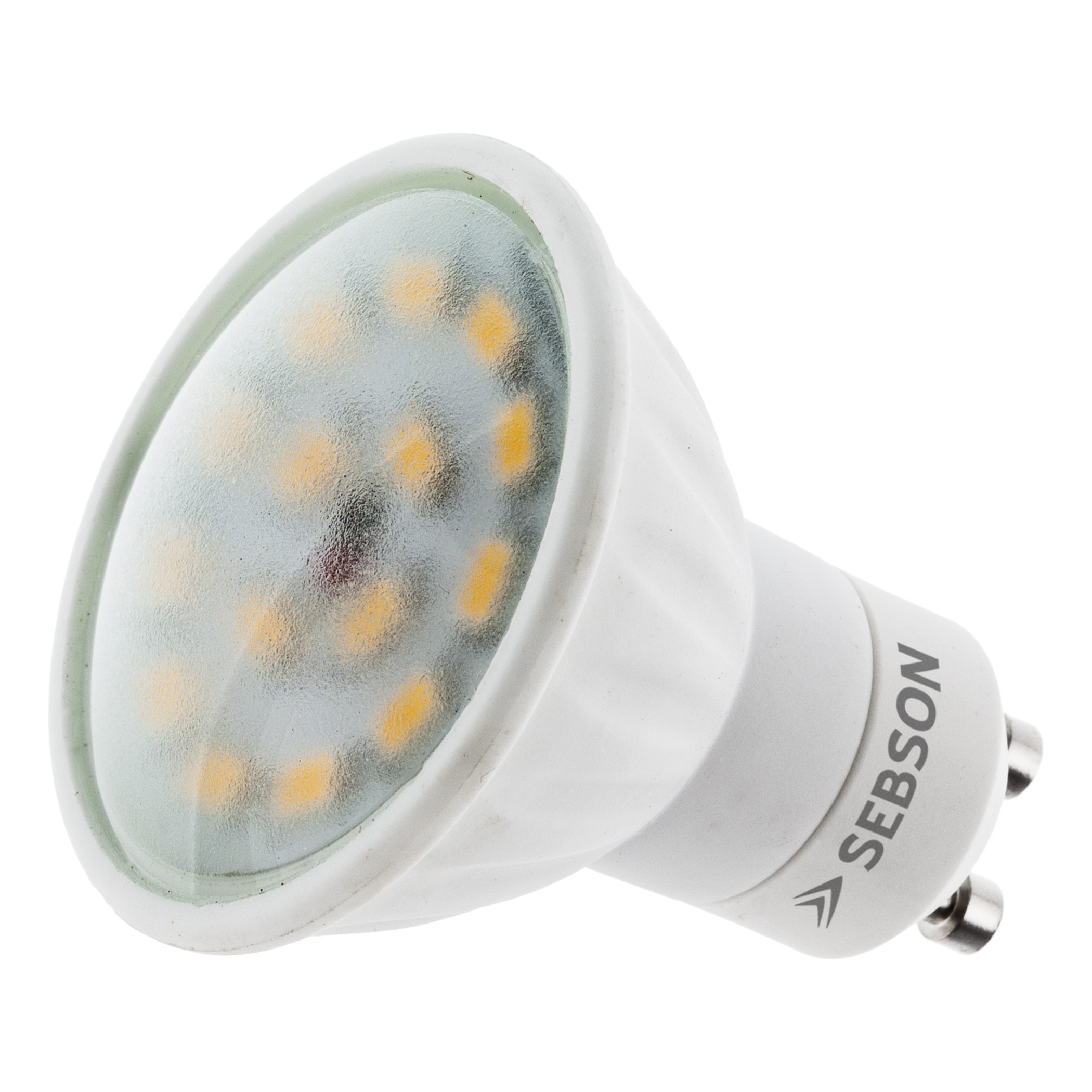 Eine weiße LED-Glühbirne. Die Birne hat eine gläserne Front mit gelben LEDs.