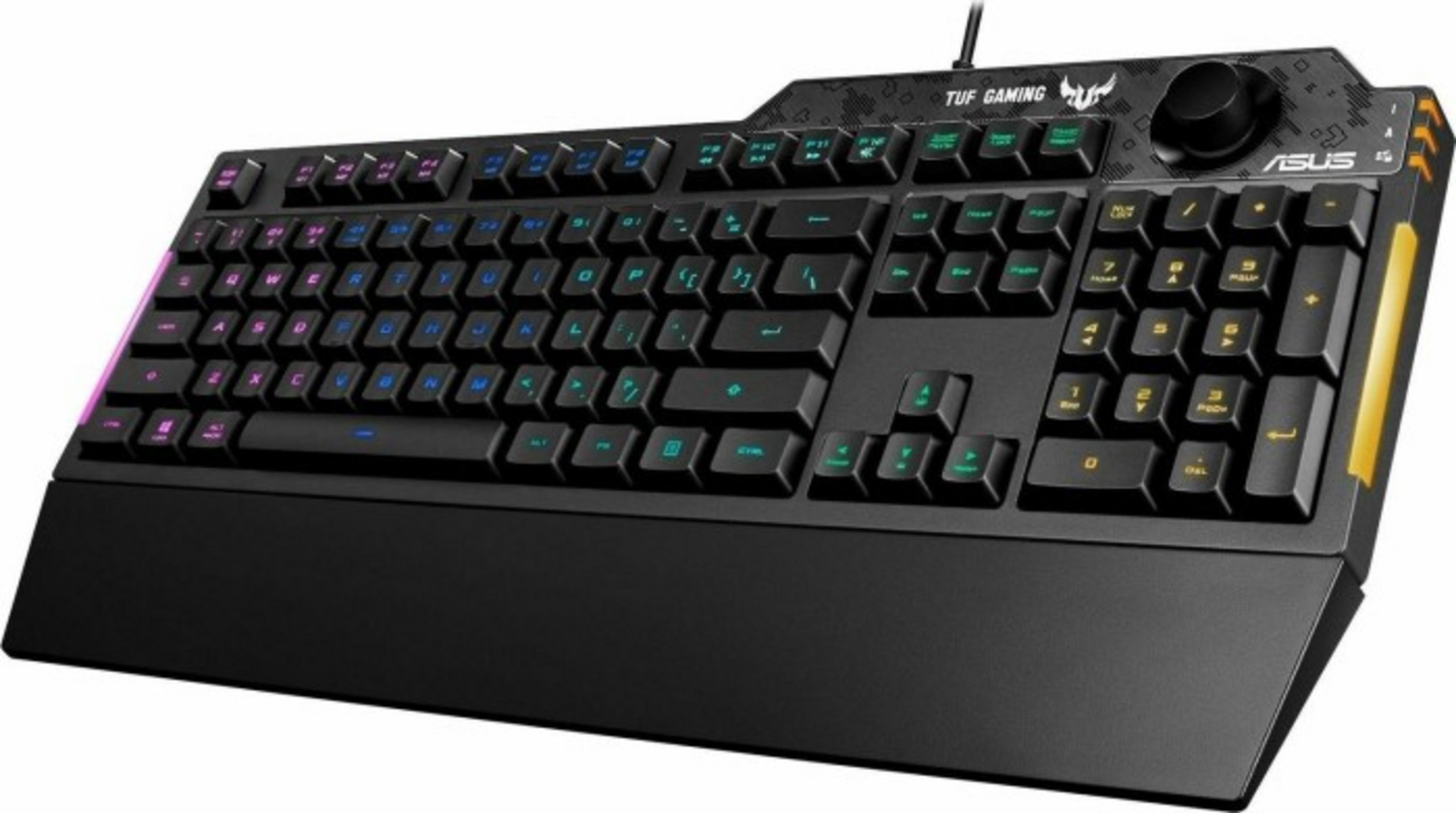Schwarze ASUS TUF Gaming-Tastatur mit mehrfarbigen Tasten und einem Lautstärkeregler.