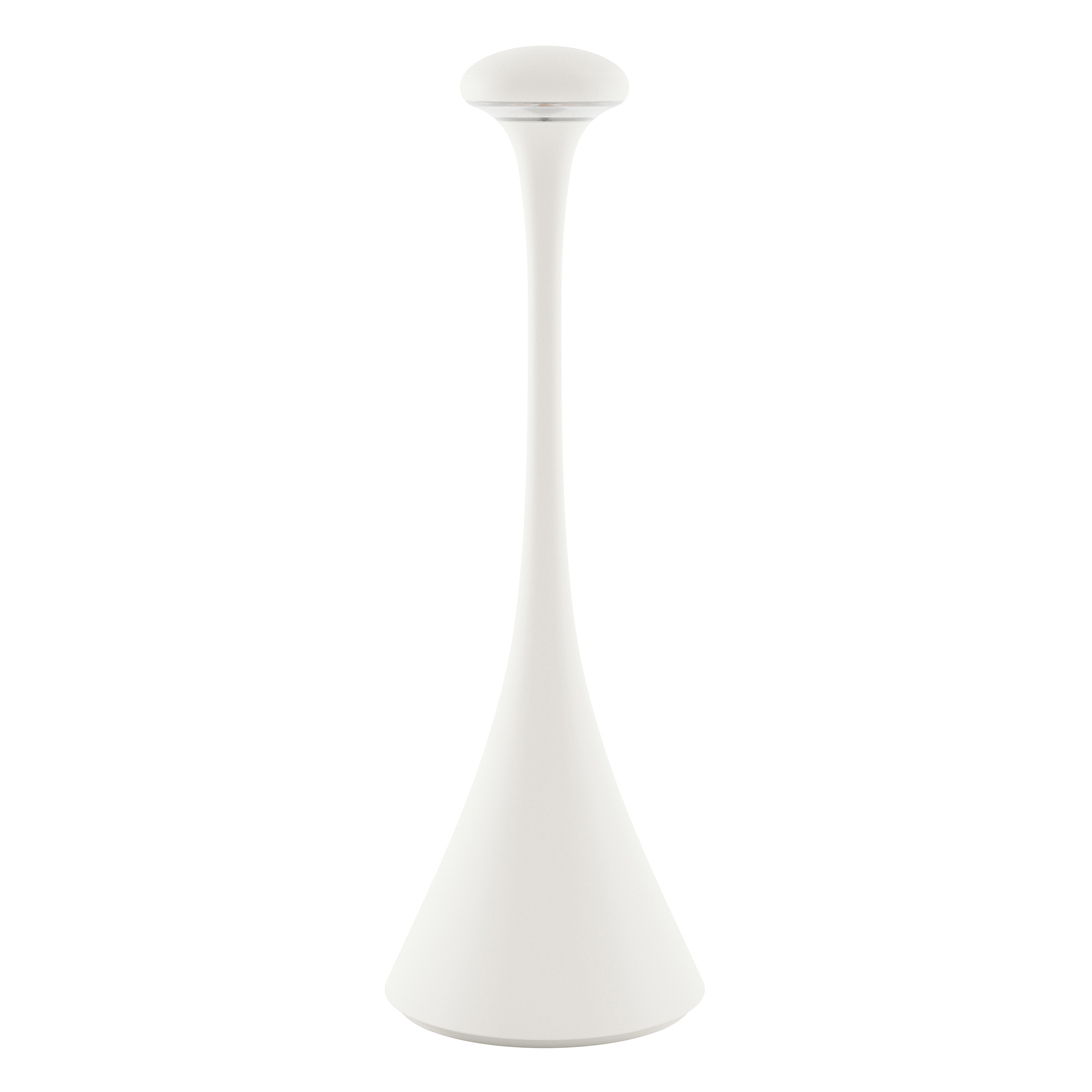Weiße Lampe mit kegelförmiger Basis und abgerundeter Oberseite, isoliert auf weißem Hintergrund.