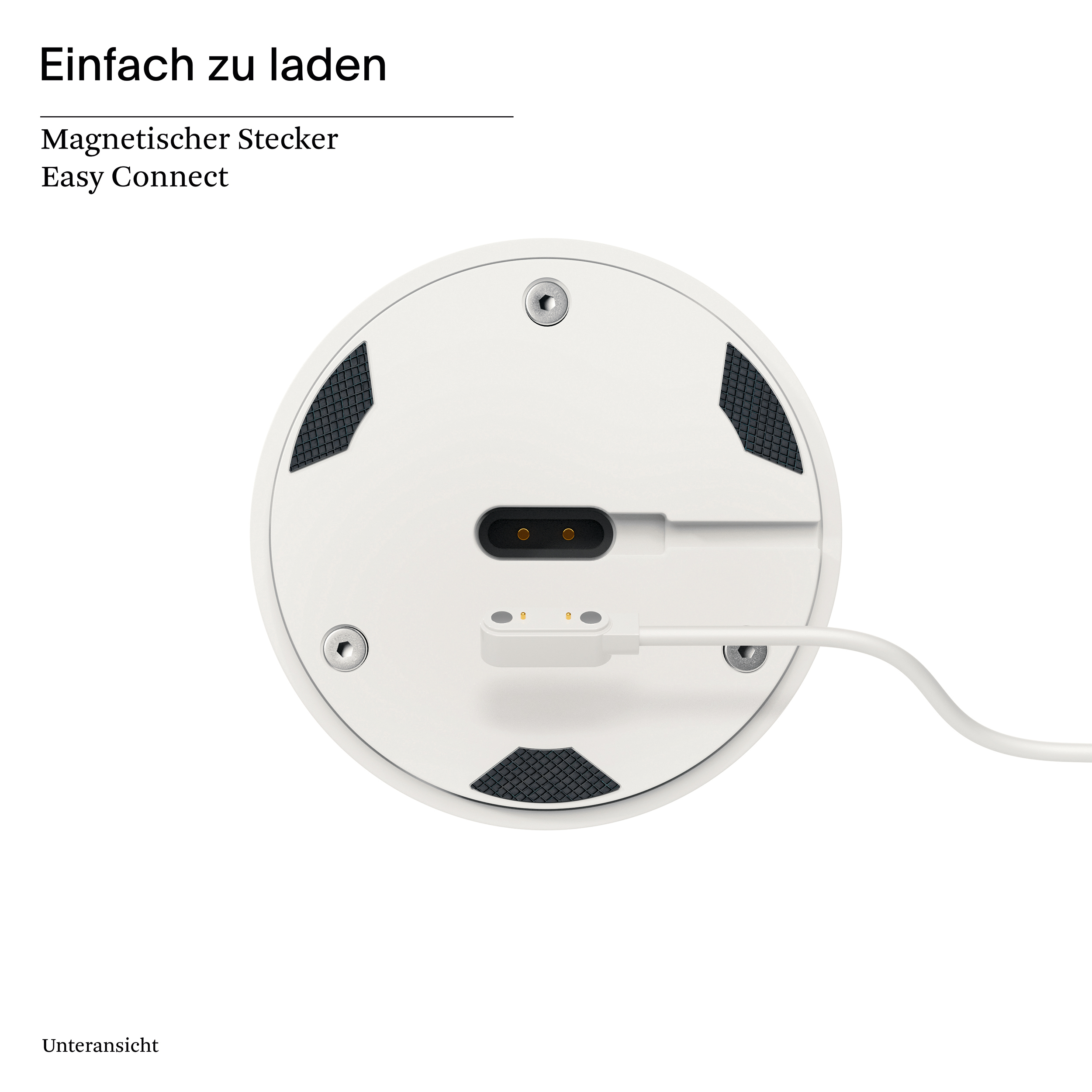Weiße Ladestation mit Ladeanschluss und Magnetanschluss.