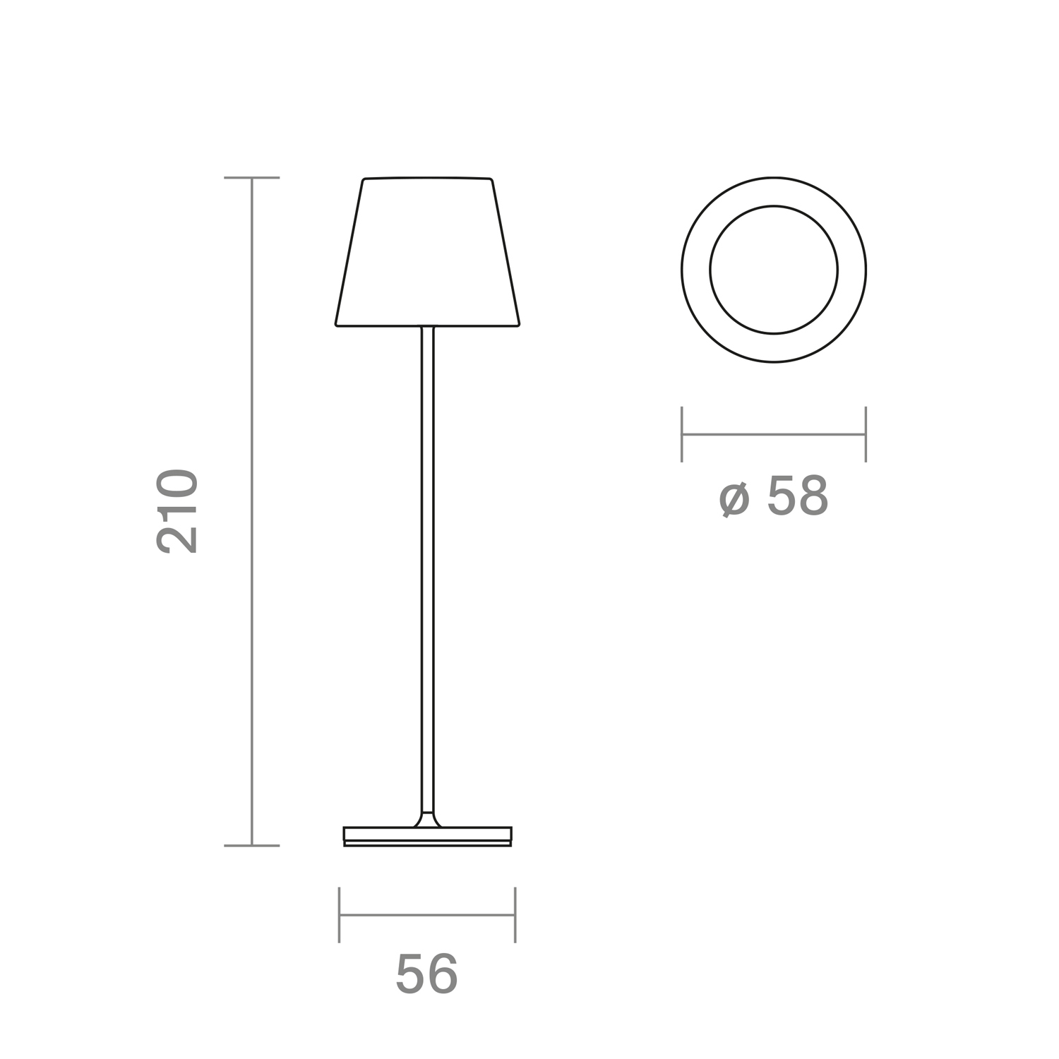 Diagramm einer Stehlampe mit Abmessungen. Sockel quadratisch, Schirm konisch.