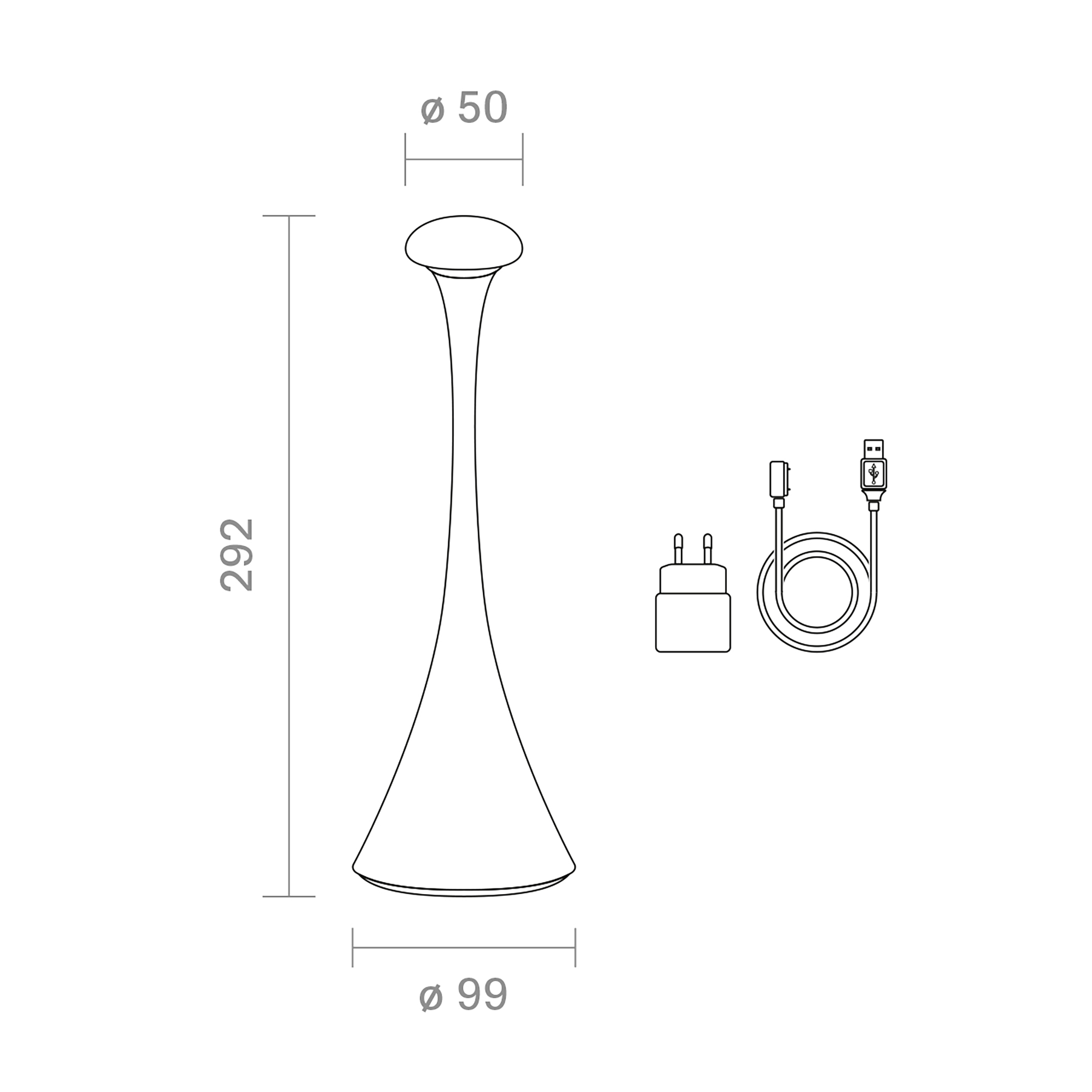 Strichzeichnung einer Lampe mit Abmessungen und Netzteil und Kabel.
