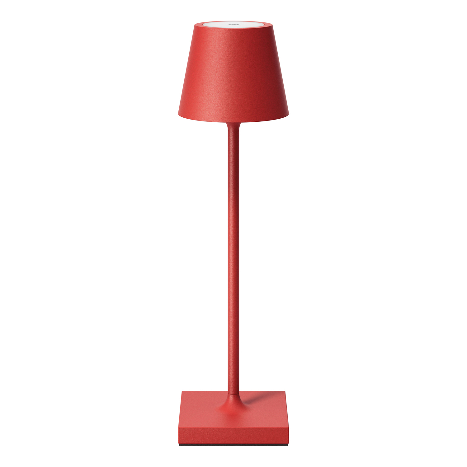 Eine rote Tischlampe auf weißem Hintergrund, mit quadratischem Sockel, langem Stiel und Lampenschirm.