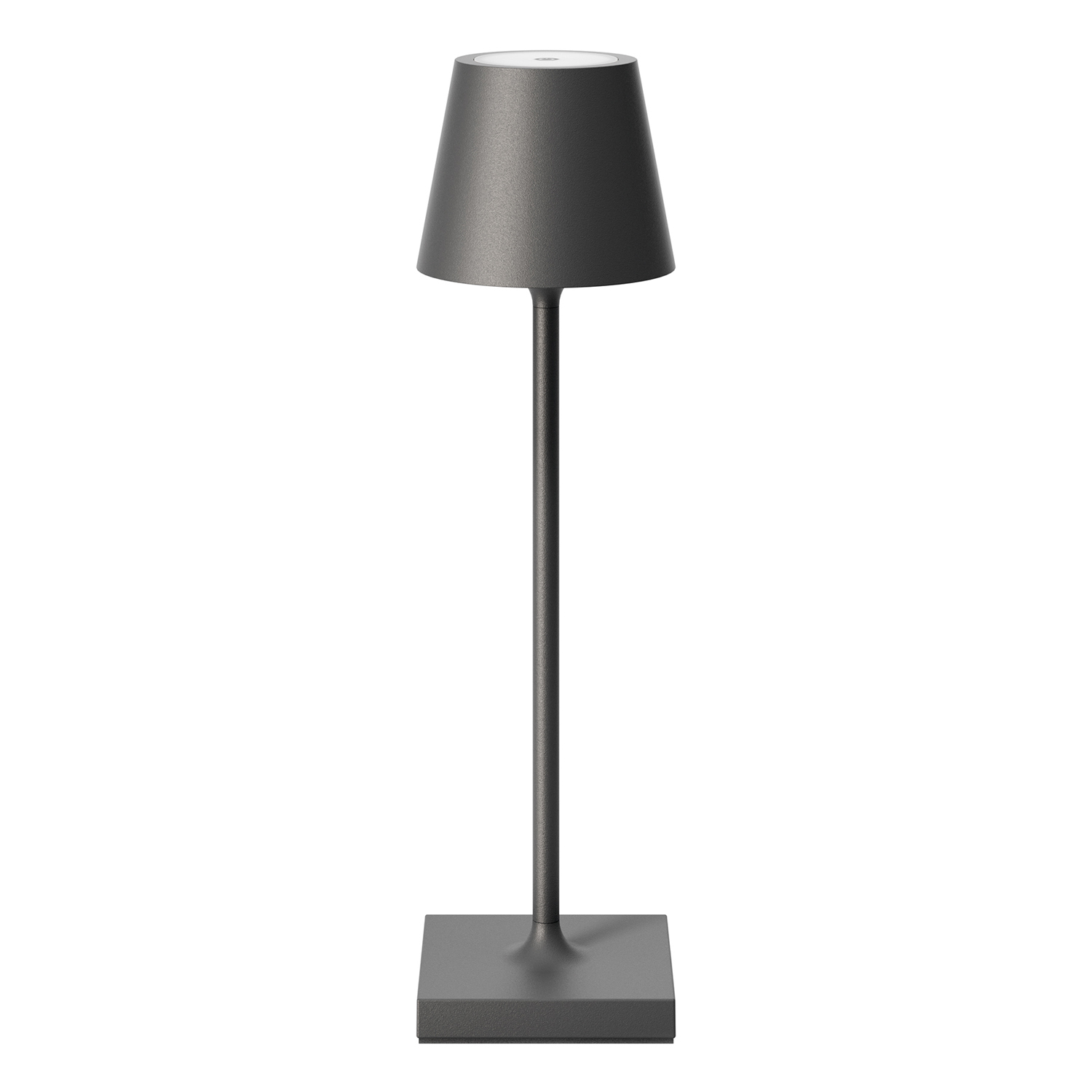Dunkelgraue Tischlampe mit quadratischem Sockel, langem Stiel und Lampenschirm.