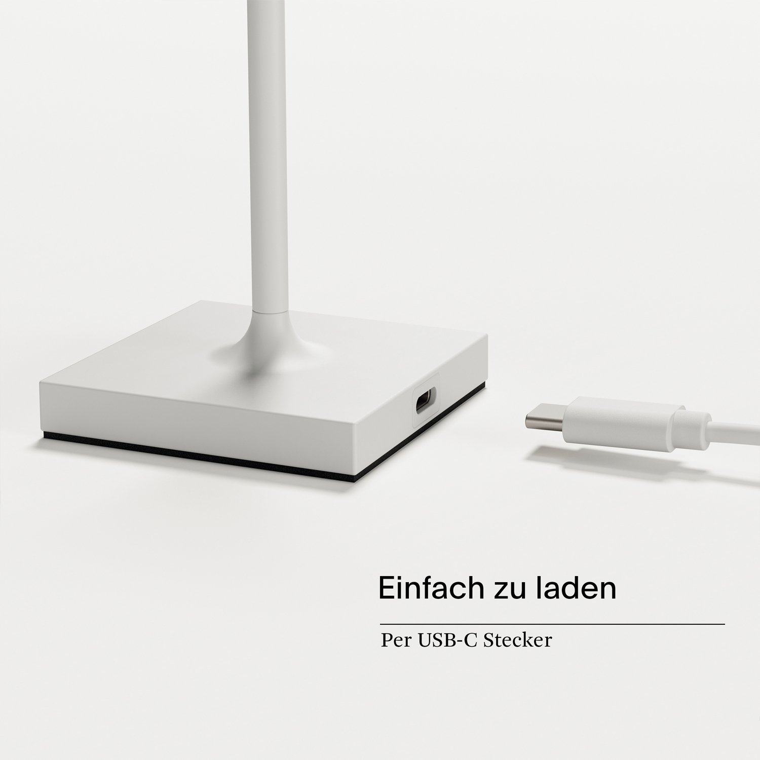 Weißer Lampensockel mit USB-C-Anschluss und weißem USB-C-Kabel.