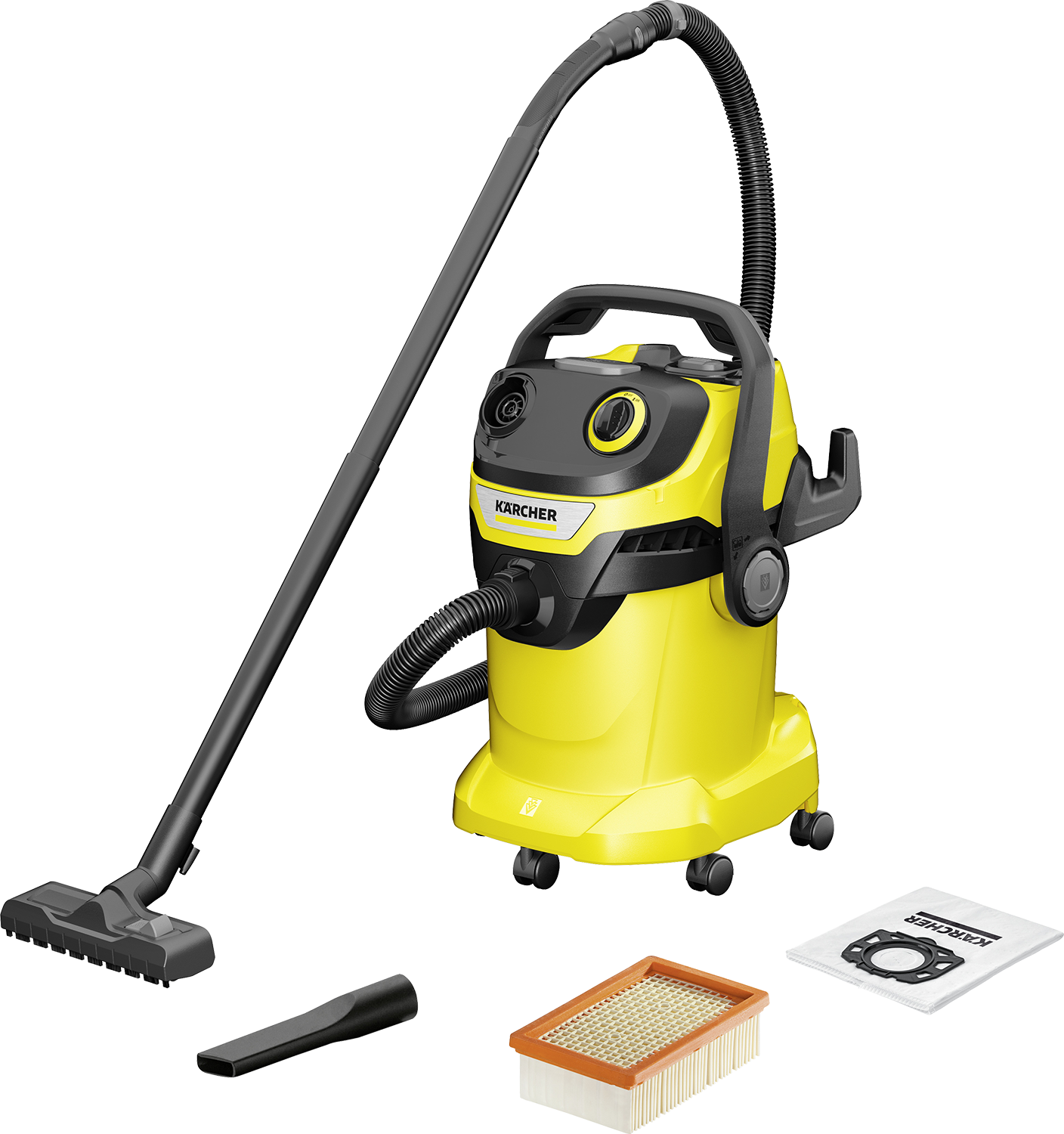 Żółty odkurzacz, z załącznikami i akcesoriami. Czarne tło.