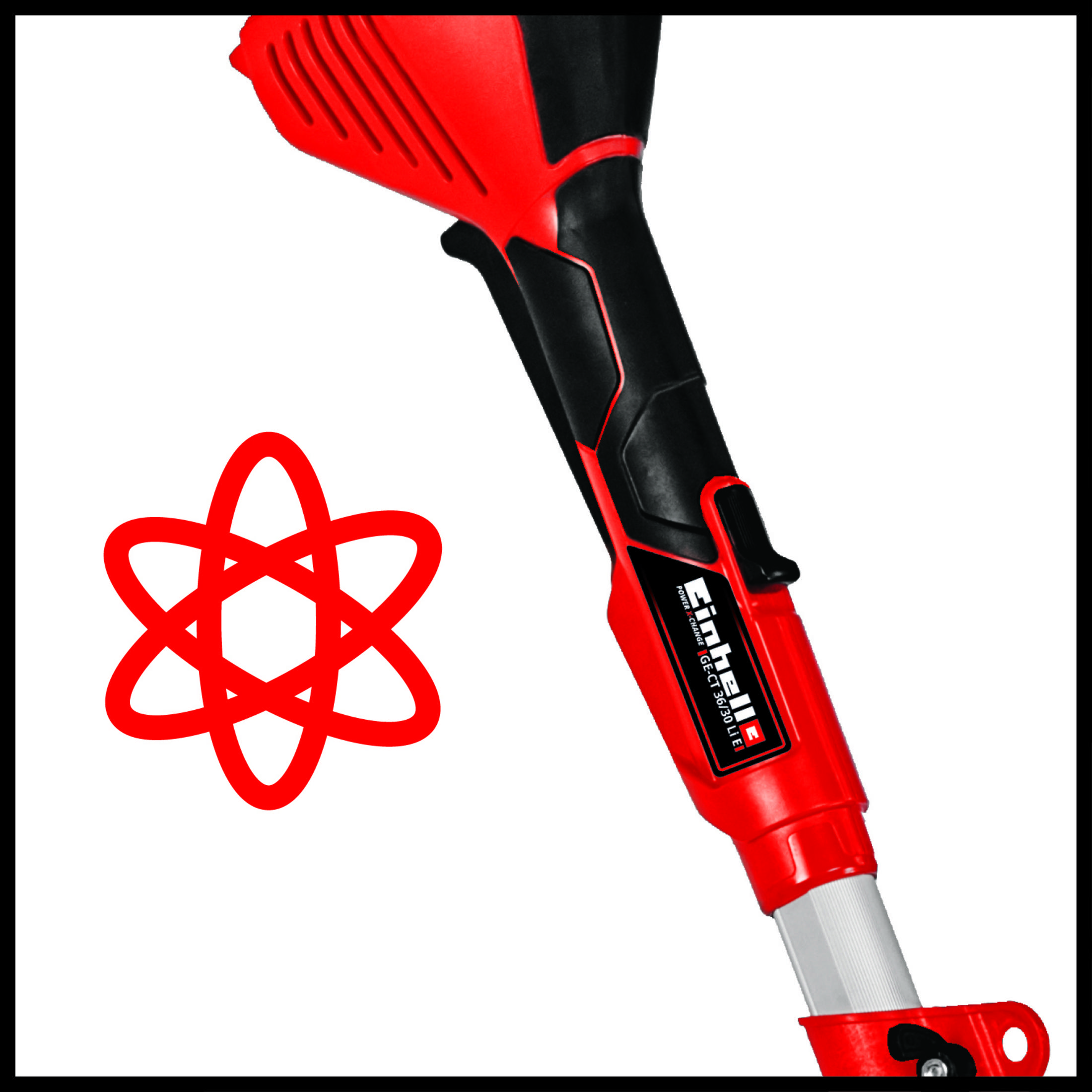Herramienta eléctrica Einhell roja y negra con un símbolo de átomo rojo a la izquierda.