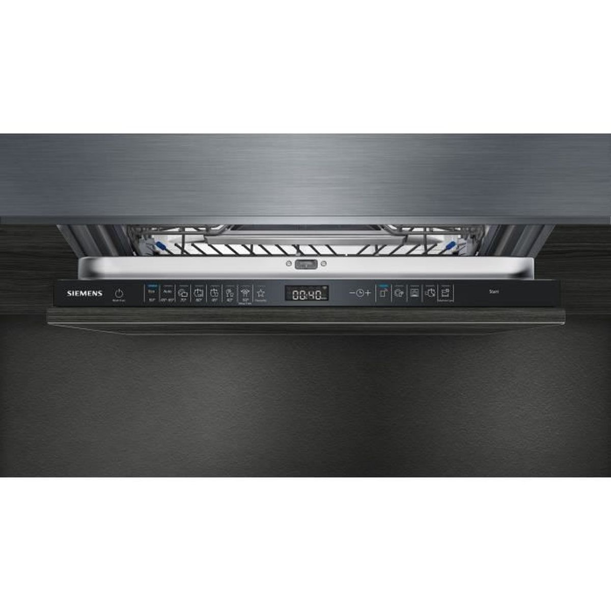 Panneau de commande de lave-vaisselle Siemens noir. Avec écran et nombreuses icônes de boutons.