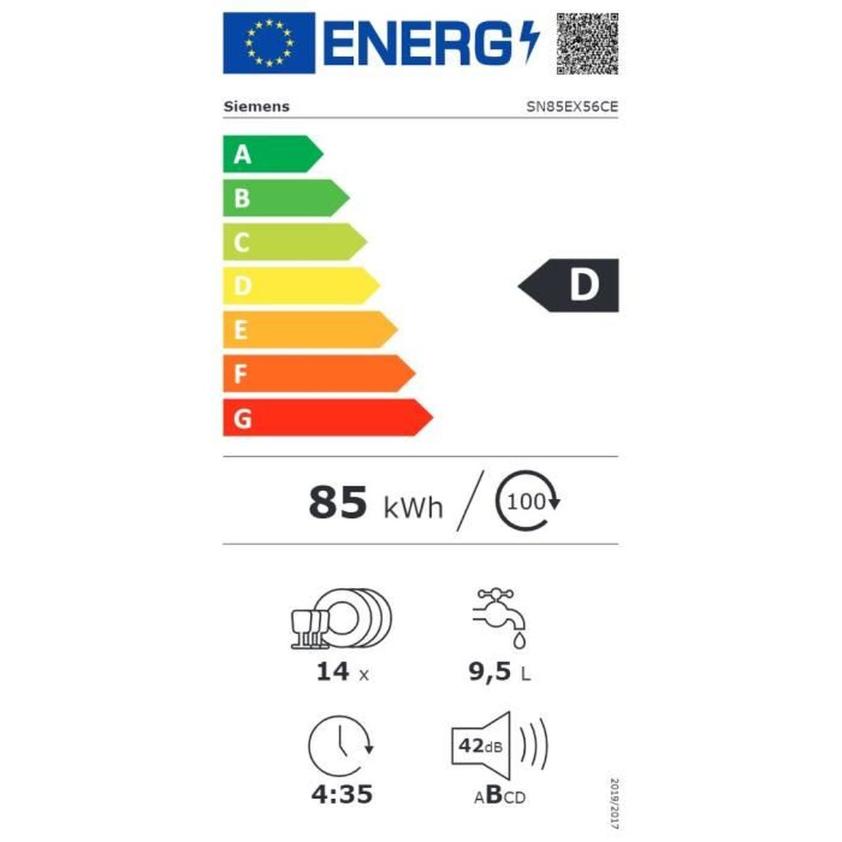 Une étiquette énergétique indiquant la classe d'efficacité énergétique et autres détails pertinents.