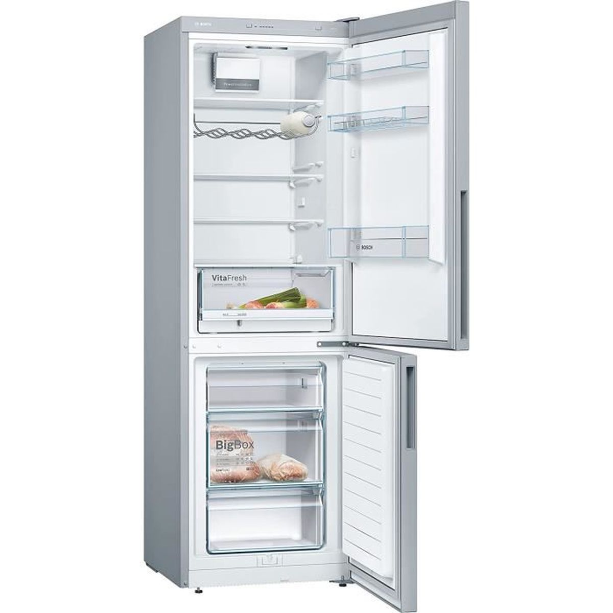 Geöffneter Kühlschrank mit Regalen und Schubladen. Enthält Lebensmittel in Fächern und auf Regalen.