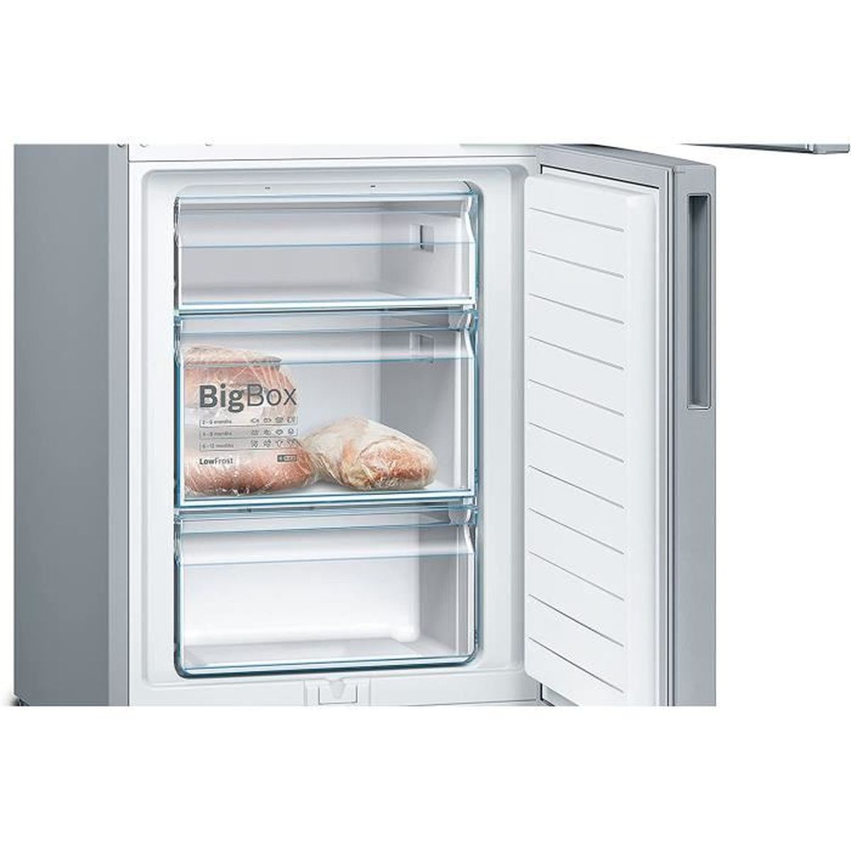 Offener Gefrierschrank mit Tiefkühlkost in Schubladen. BigBox und LowFrost Etiketten.