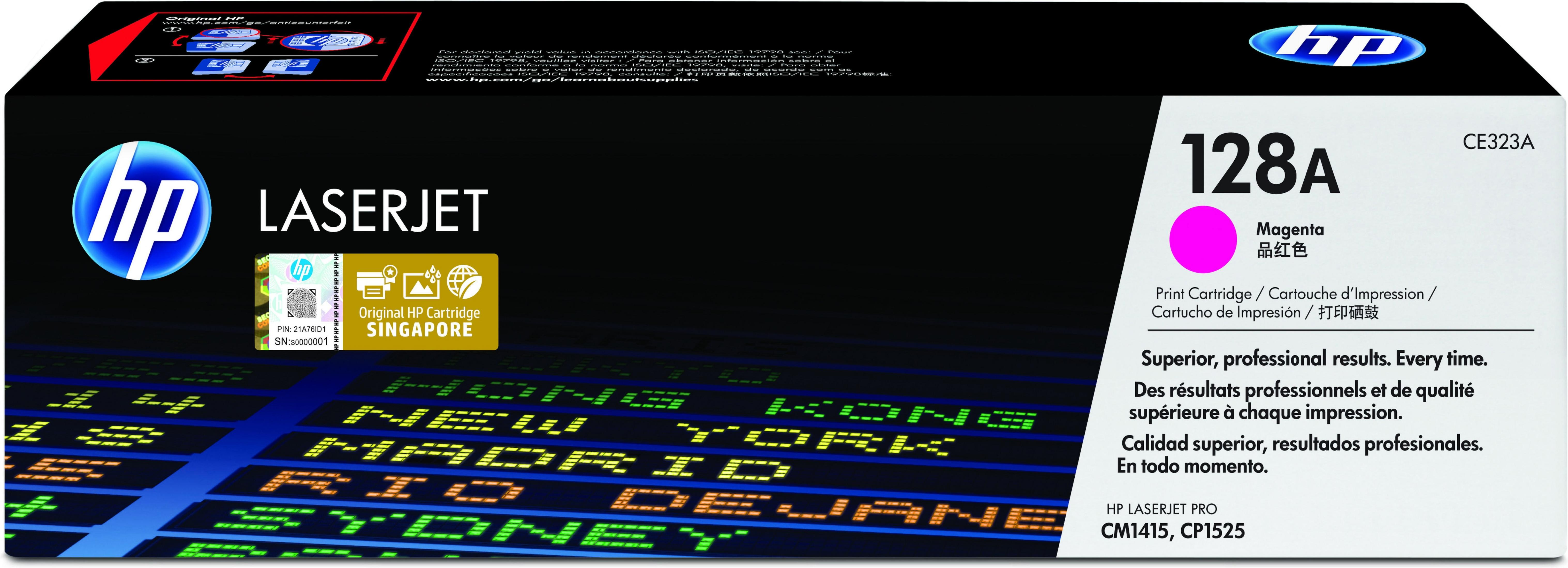 Toner HP 128A Magenta na czarnym pudełku z tłem panoramy miasta.