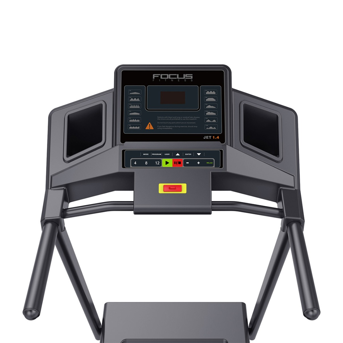 A treadmill control panel, with a digital display, buttons, and a red stop button.