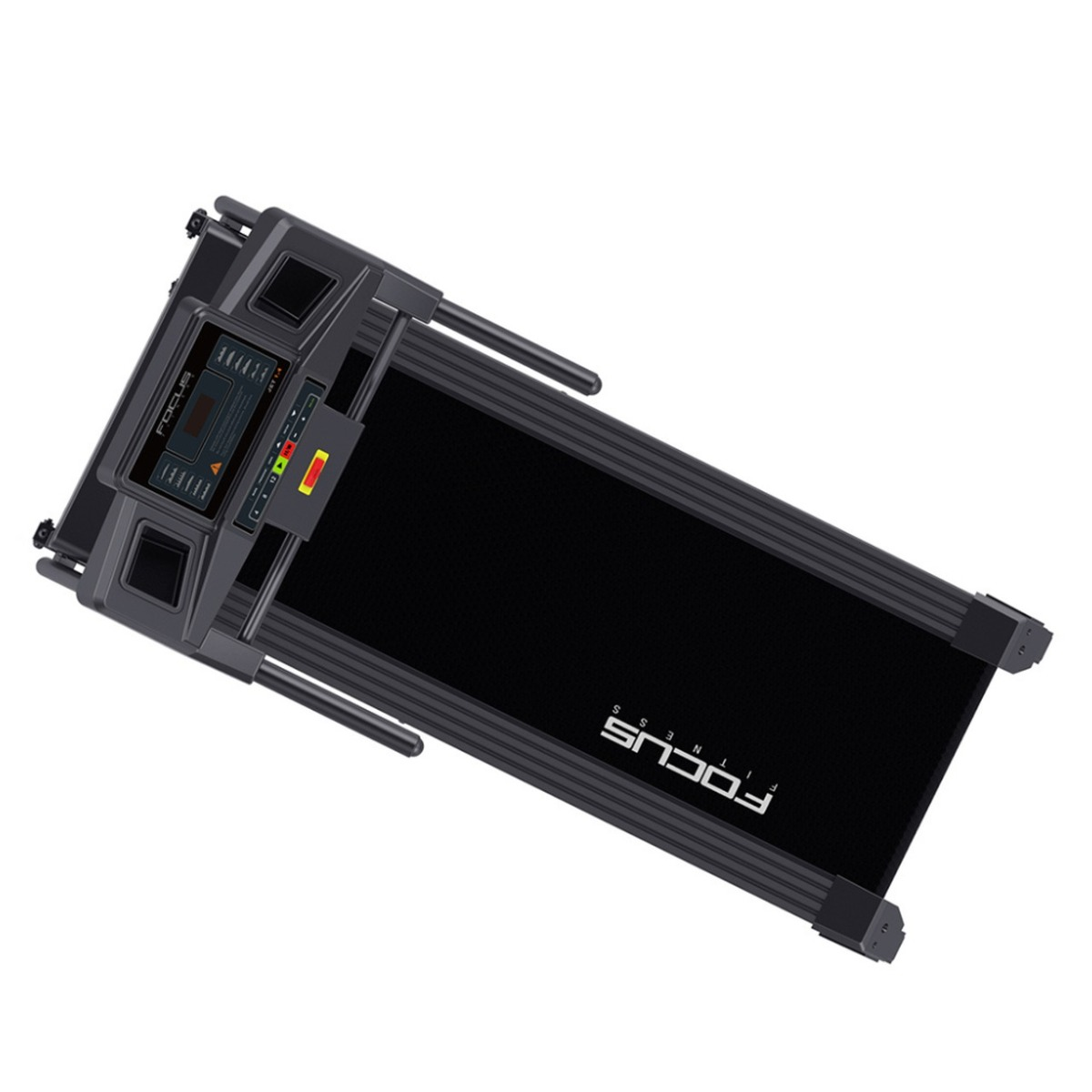 Treadmill from above. Black belt and frame. Control panel at the top.  Focus logo is visible.