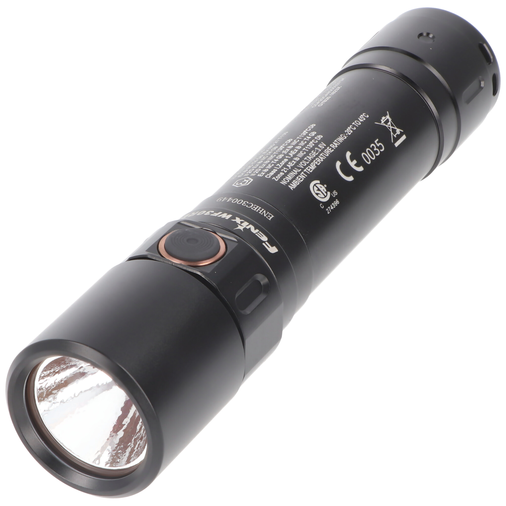 Czarna latarka ze srebrną głowicą. Latarka ma przycisk i oznaczenia.