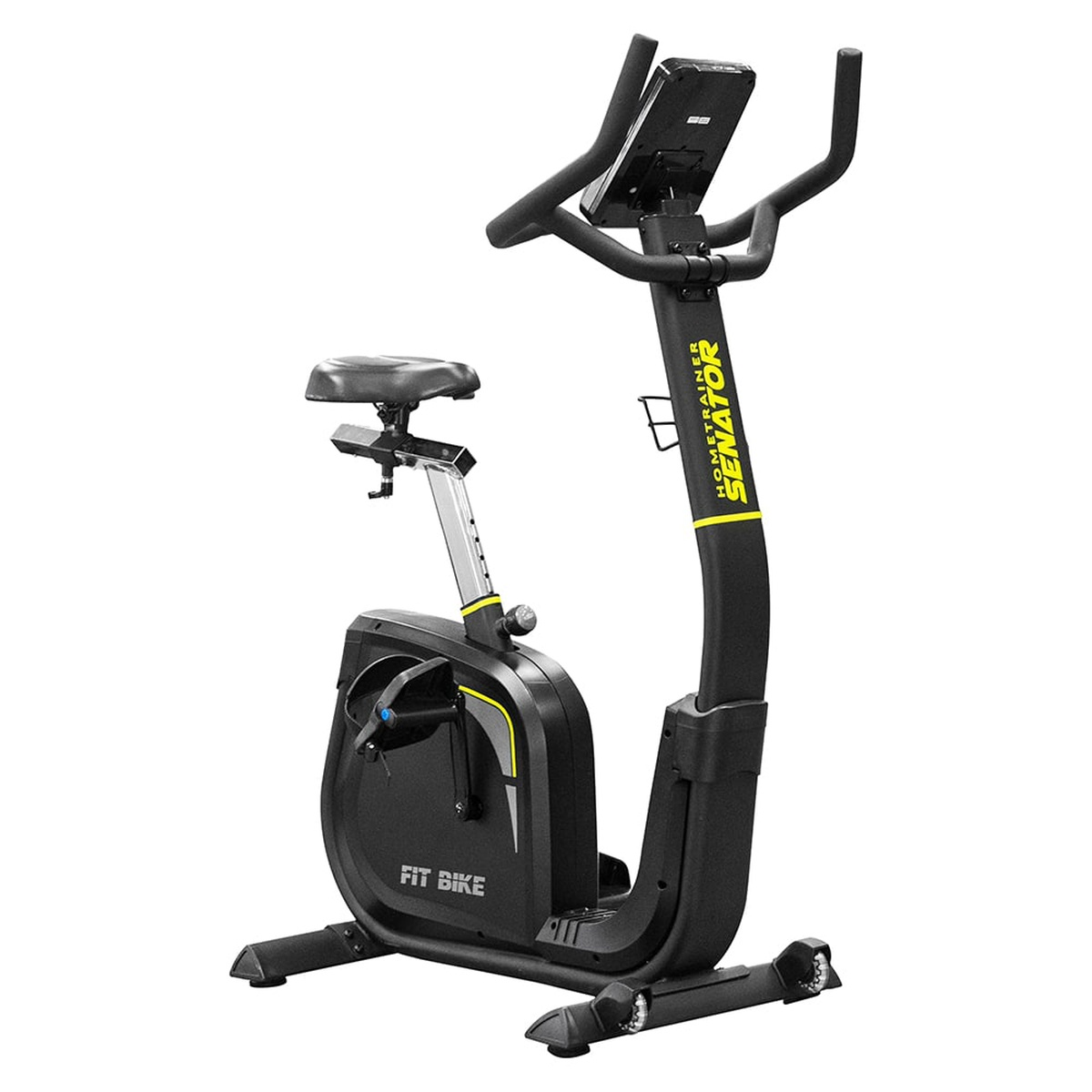 Stationaire hometrainer met een zwart frame en een geel en zwart kleurenschema.