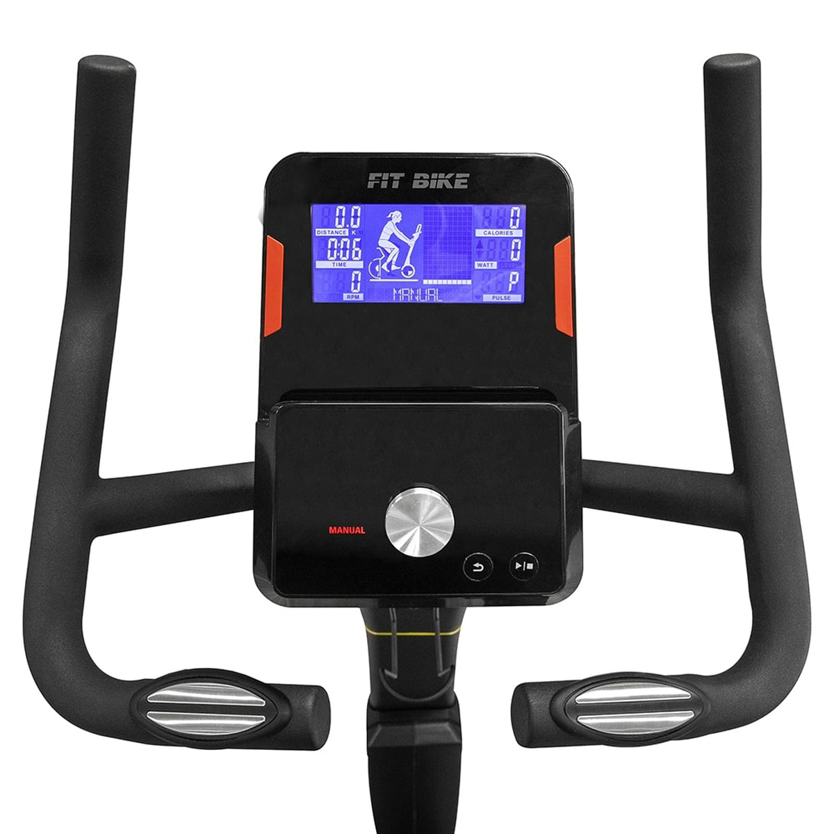 Hometrainerconsole met digitaal display met statistieken en stuur.