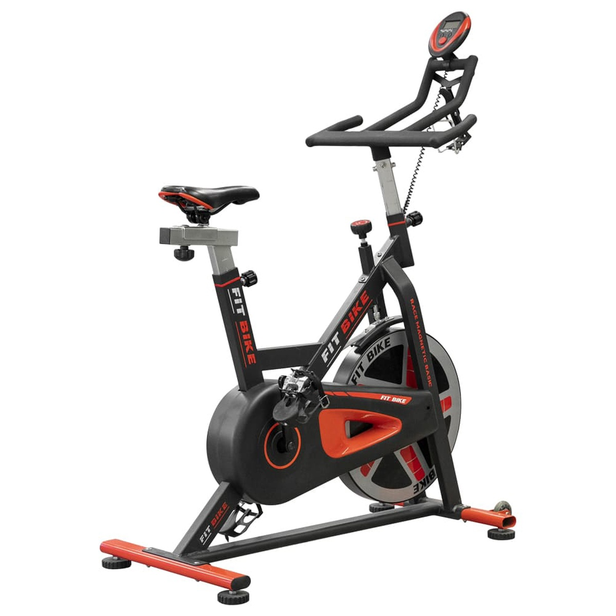 Black and red stationary bike. It has a seat, handles, and a digital display.