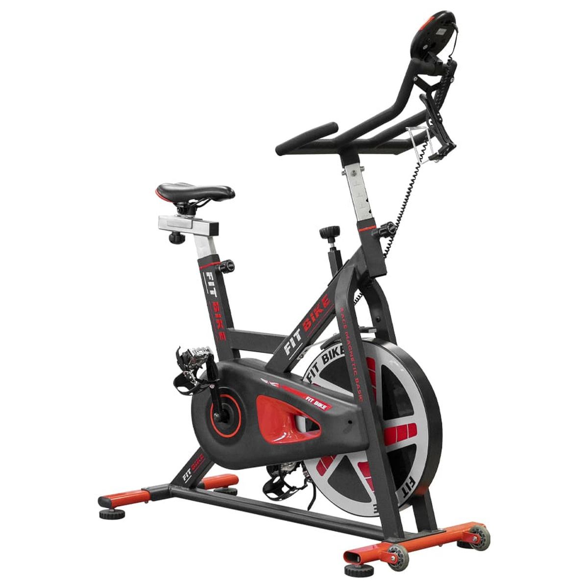 Exercise bike, black and red. FIT BIKE logo on the frame, and the wheel.