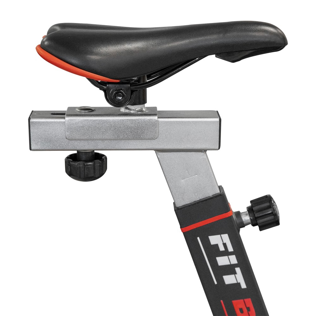 Close-up of a bicycle seat, adjustable, black seat with red trim, on silver support.