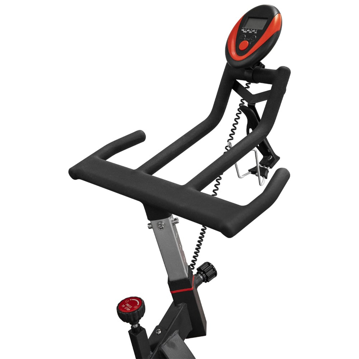 Close up of a black exercise bike handlebar with a display, and a red knob.