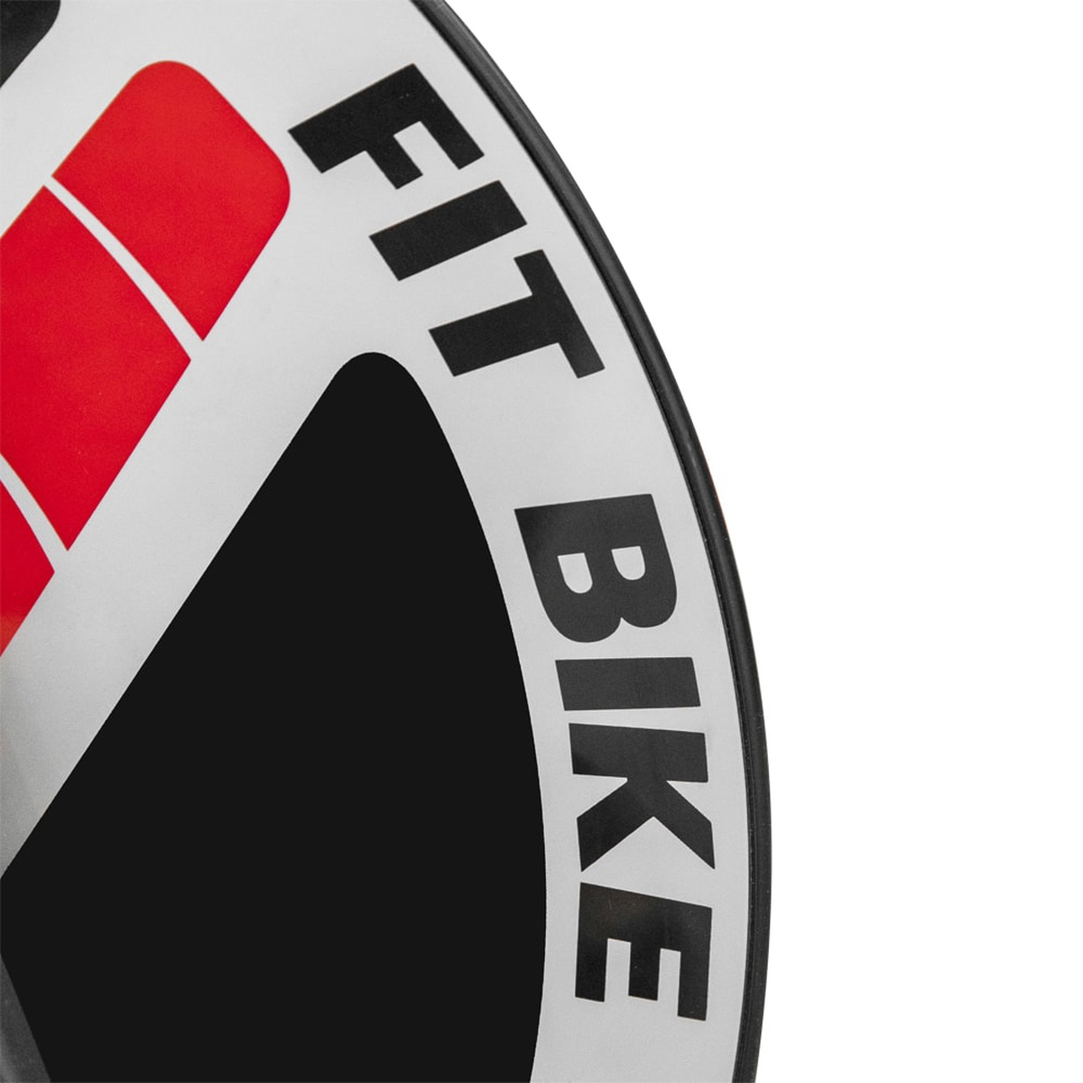 Black and white circular wheel with red accents and the words FIT BIKE.