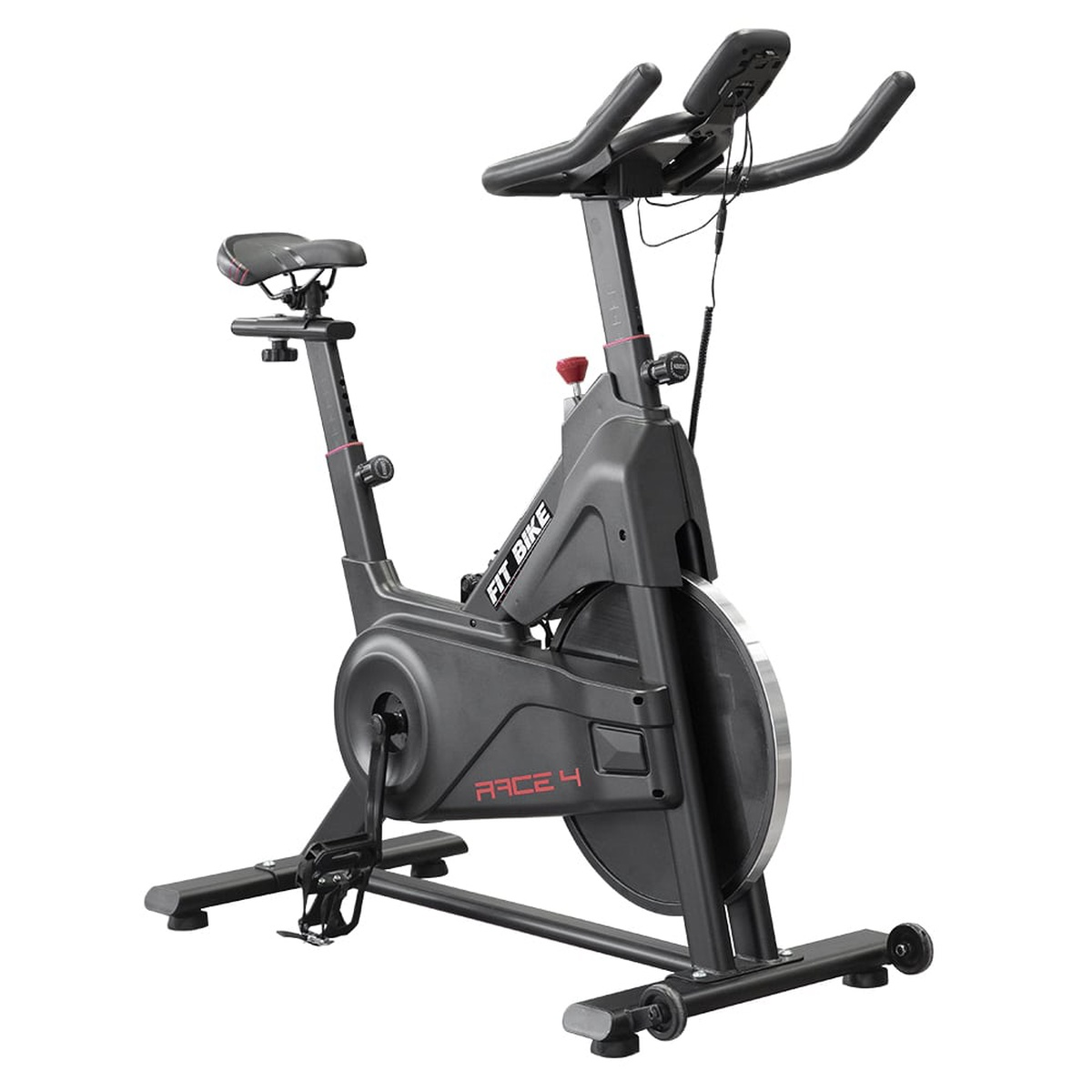 Vélo d'appartement, noir et gris. Logo Race 4 sur le cadre. Accents rouges visibles.